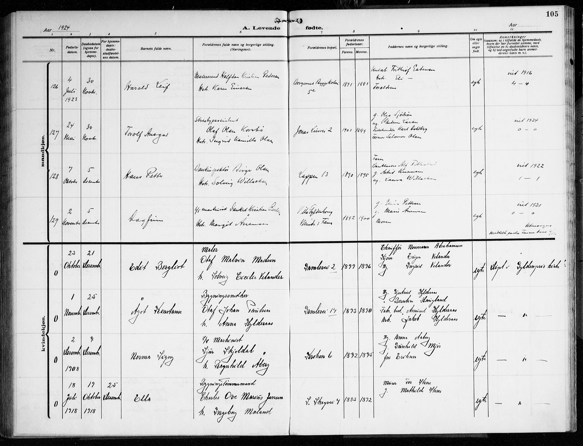 Årstad Sokneprestembete, AV/SAB-A-79301/H/Haa/L0005: Parish register (official) no. A 5, 1923-1925, p. 105