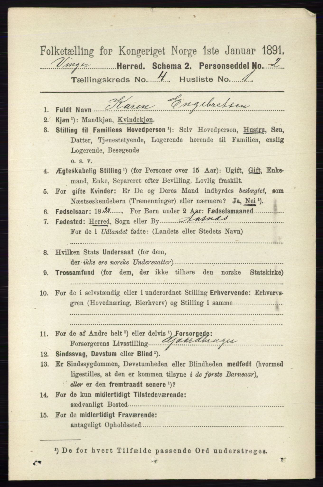 RA, 1891 census for 0421 Vinger, 1891, p. 1639