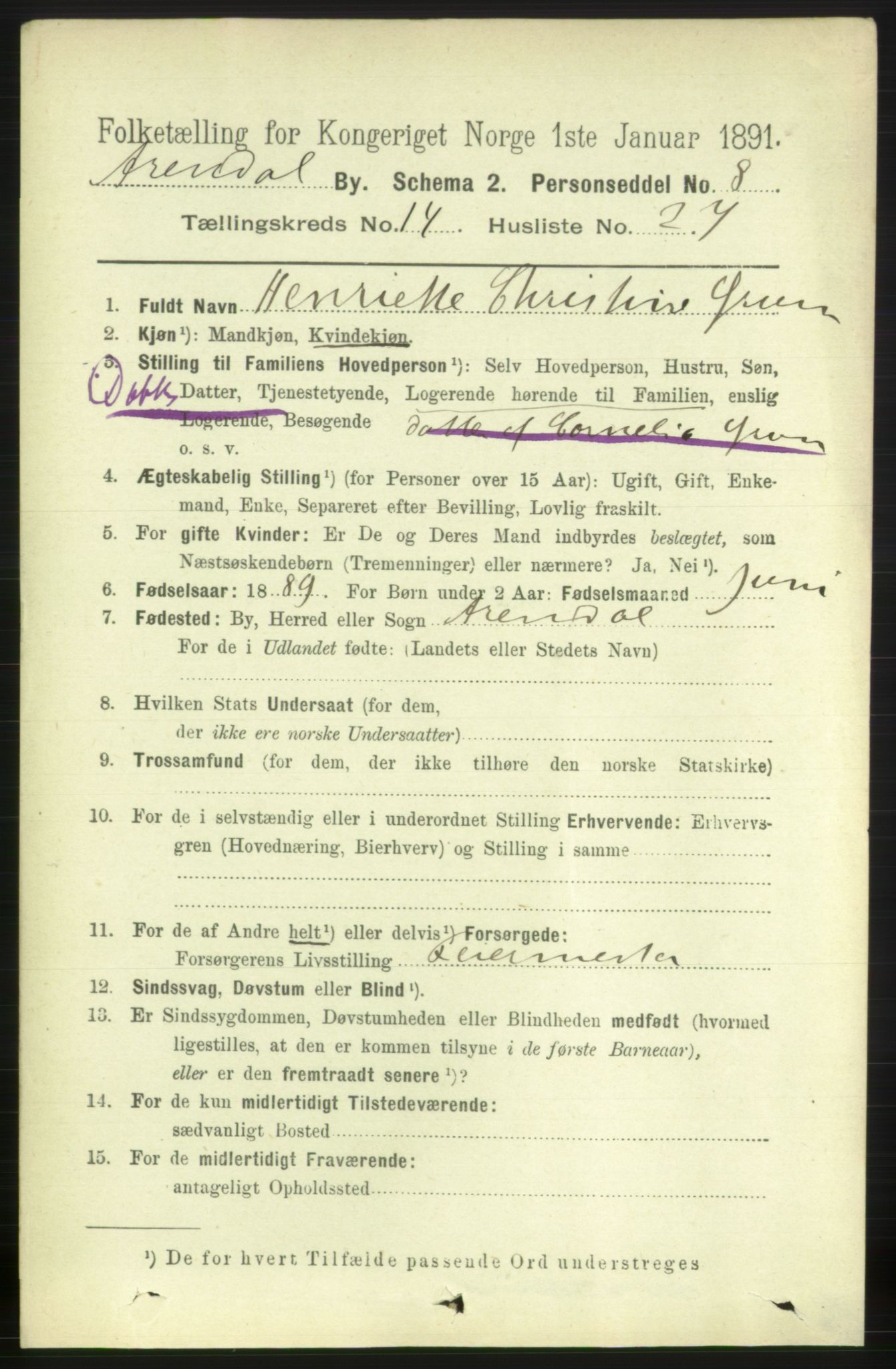 RA, 1891 census for 0903 Arendal, 1891, p. 5024