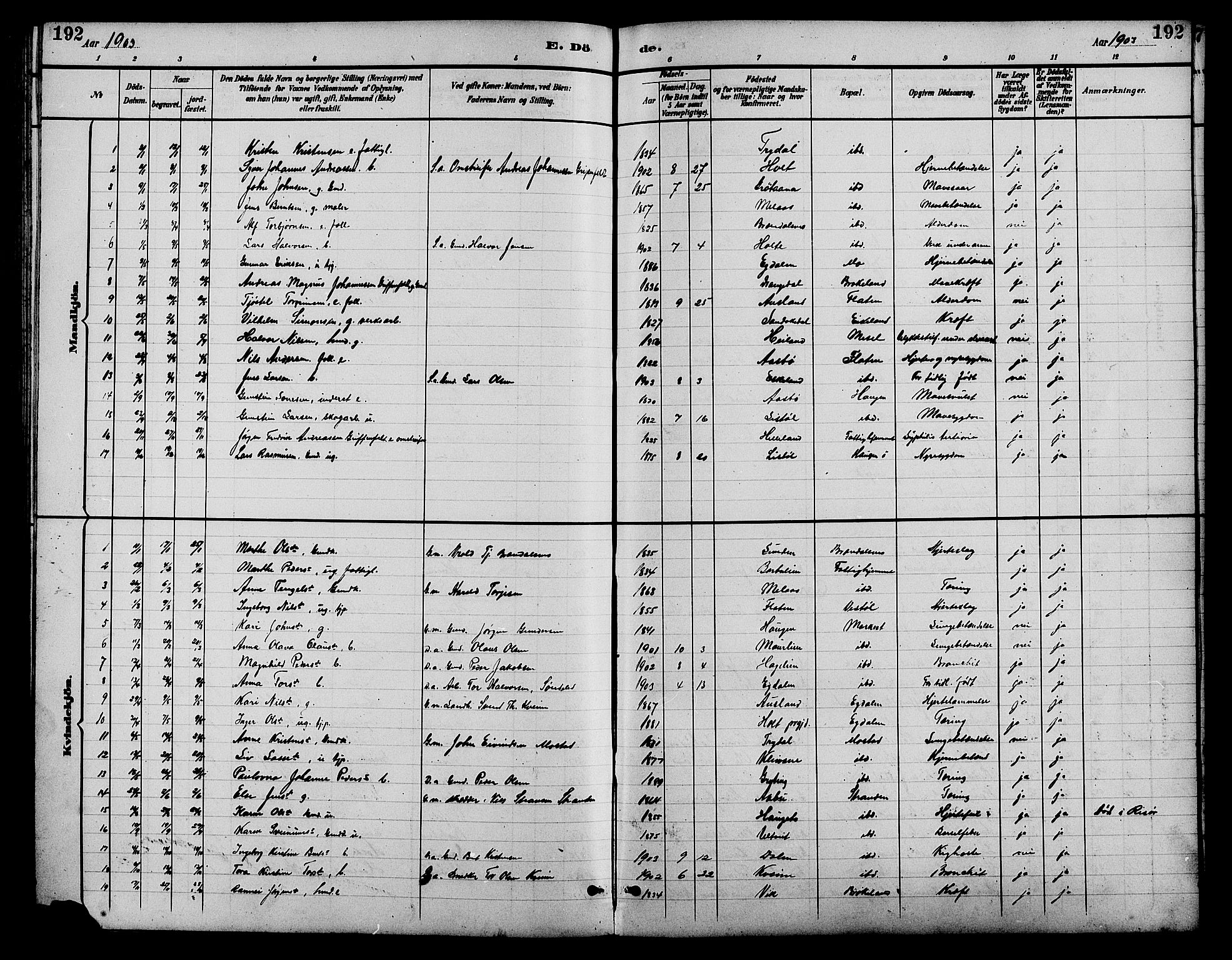 Gjerstad sokneprestkontor, AV/SAK-1111-0014/F/Fb/Fba/L0007: Parish register (copy) no. B 7, 1891-1908, p. 192