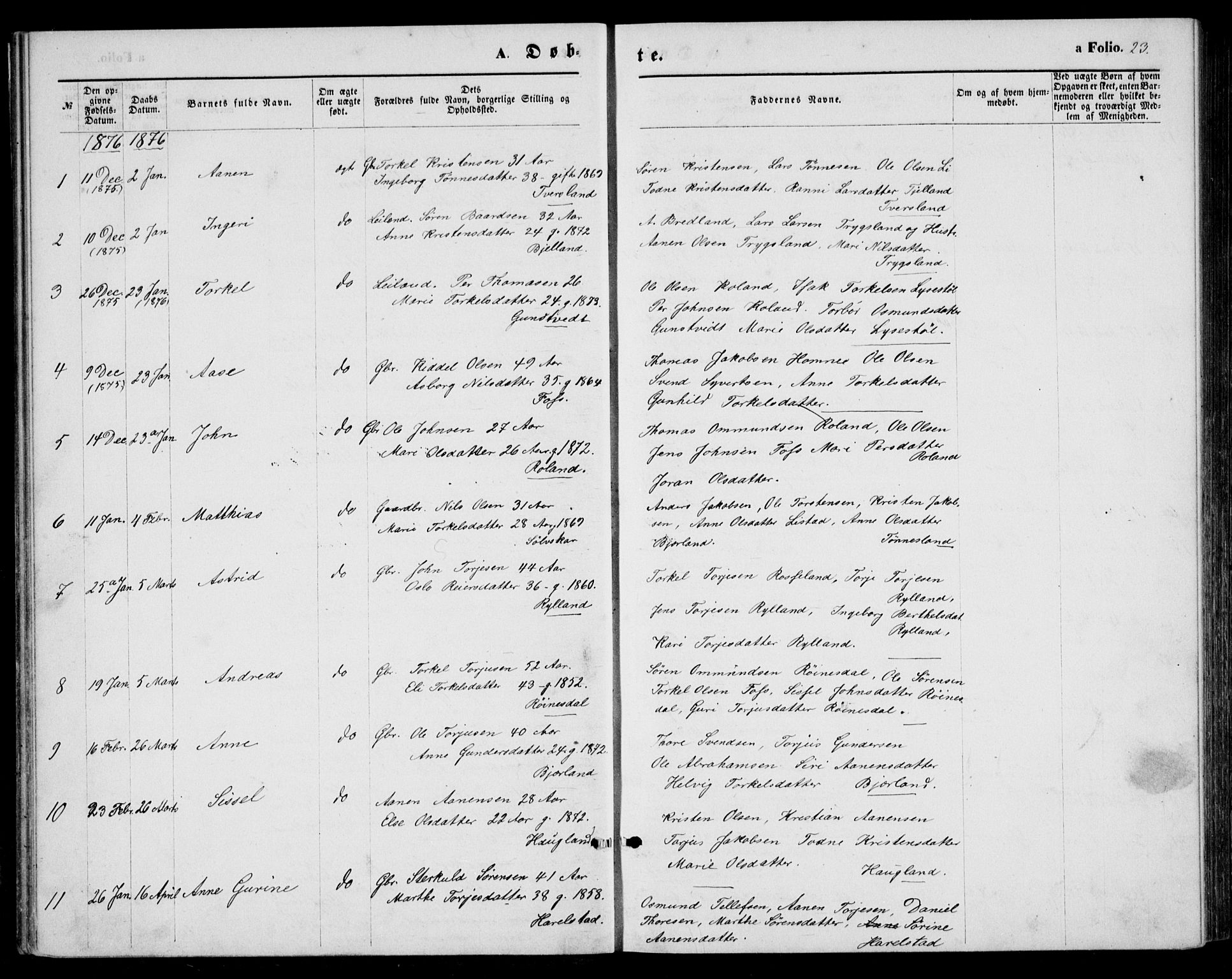 Bjelland sokneprestkontor, AV/SAK-1111-0005/F/Fb/Fba/L0004: Parish register (copy) no. B 4, 1869-1886, p. 23