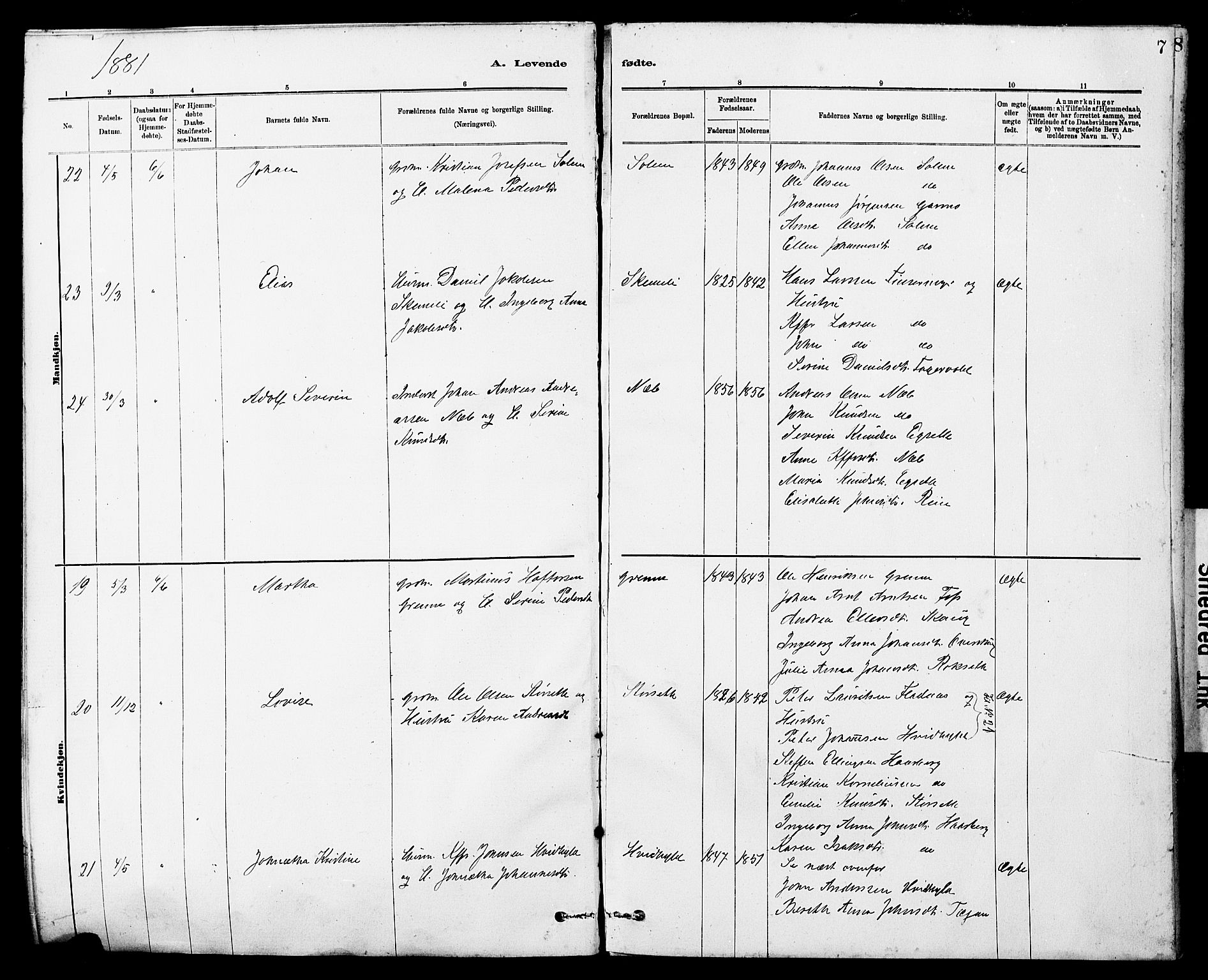 Ministerialprotokoller, klokkerbøker og fødselsregistre - Sør-Trøndelag, AV/SAT-A-1456/647/L0636: Parish register (copy) no. 647C01, 1881-1884, p. 7