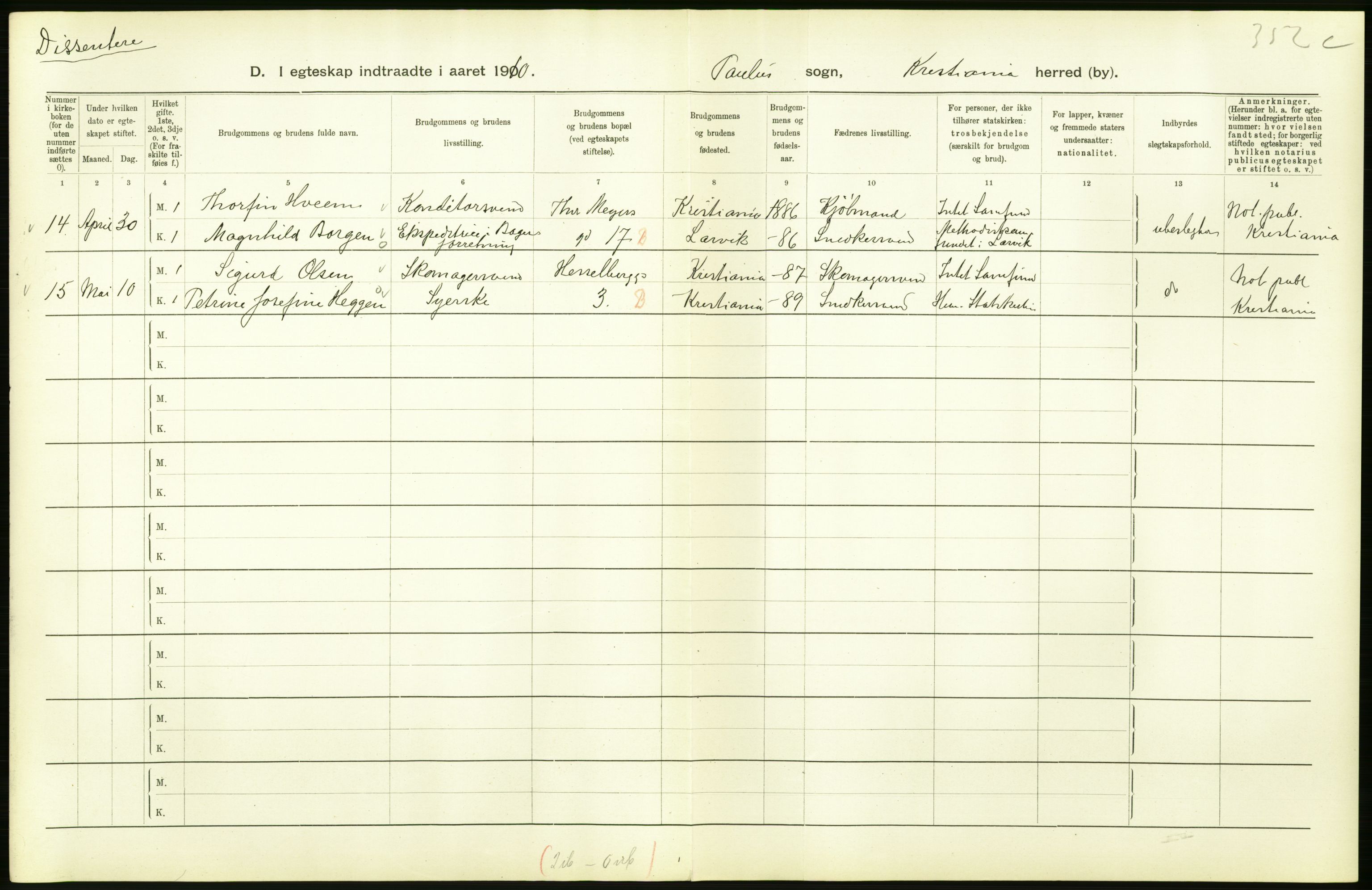 Statistisk sentralbyrå, Sosiodemografiske emner, Befolkning, AV/RA-S-2228/D/Df/Dfa/Dfah/L0009: Kristiania: Gifte og dødfødte., 1910, p. 74