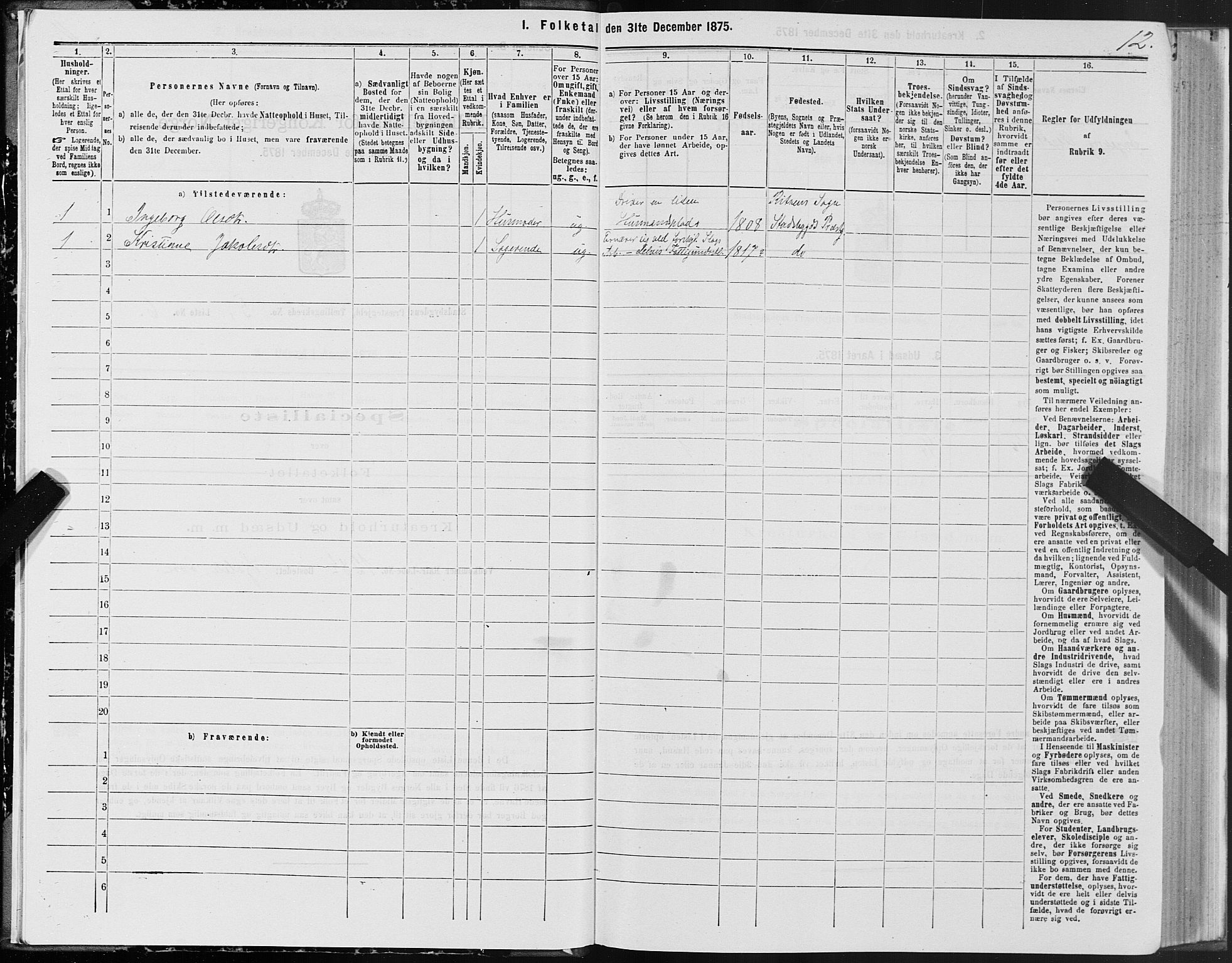 SAT, 1875 census for 1625P Stadsbygd, 1875, p. 3012