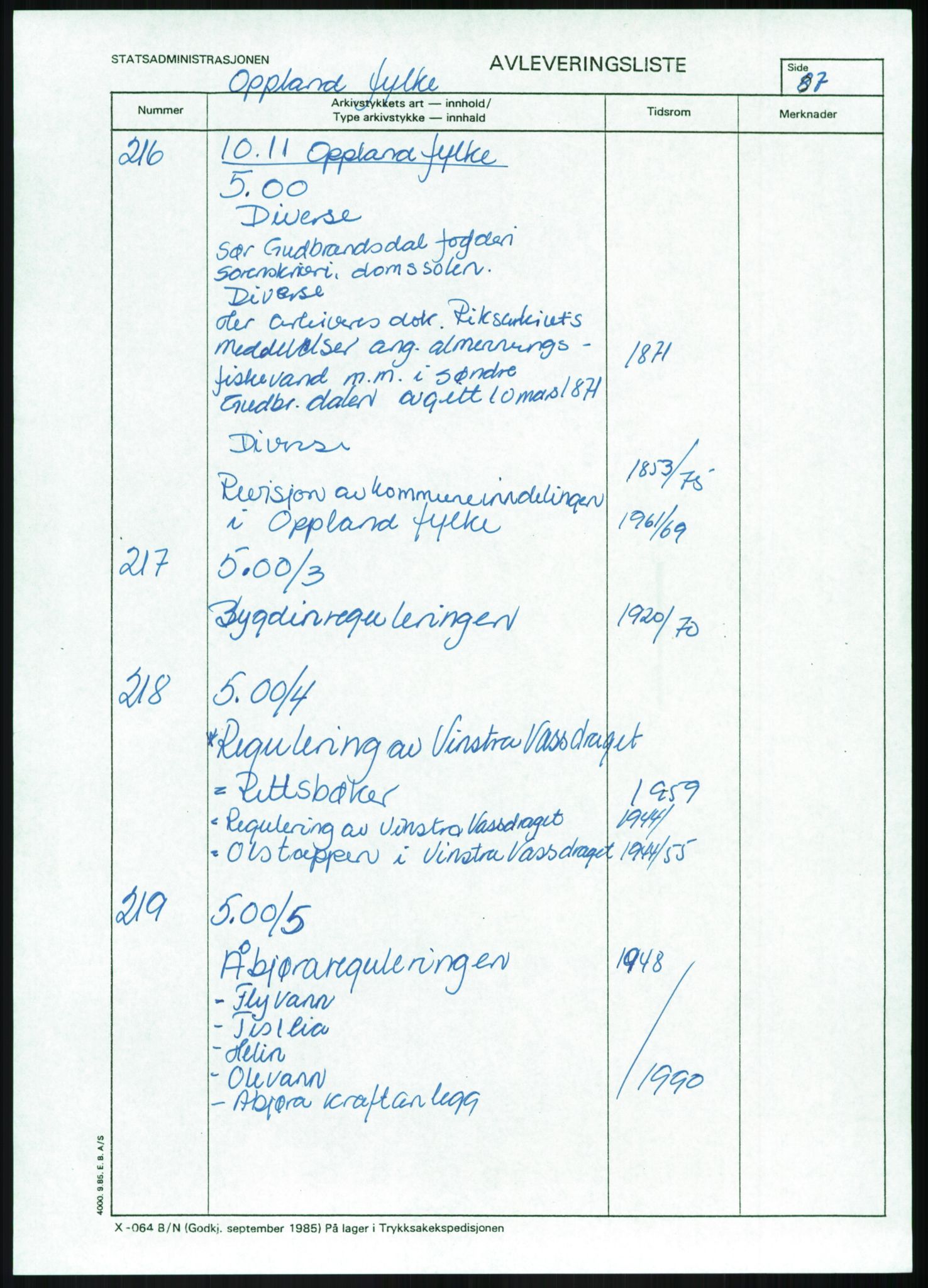 Direktoratet for statens skoger, RA/S-1600/2/E/Eg/L0002: Arkivliste for 10.11-serien. Akershus til Sør-Trøndelag fylke. Mappenr. 1 - 925, 1957-1992, p. 86
