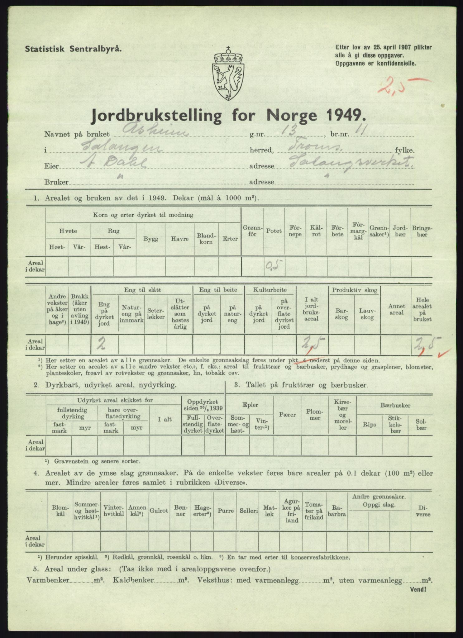 Statistisk sentralbyrå, Næringsøkonomiske emner, Jordbruk, skogbruk, jakt, fiske og fangst, AV/RA-S-2234/G/Gc/L0438: Troms: Salangen og Bardu, 1949, p. 87