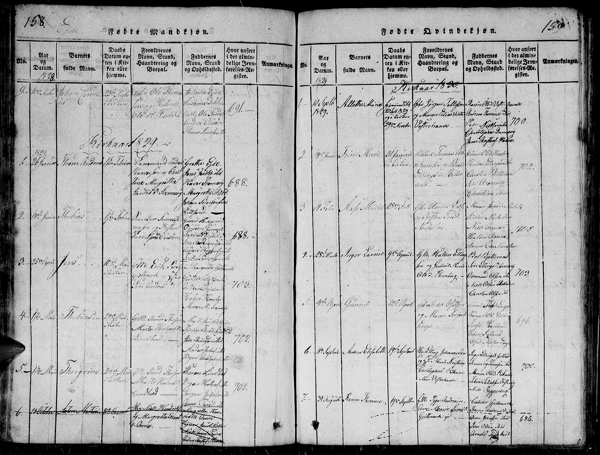 Hommedal sokneprestkontor, AV/SAK-1111-0023/F/Fb/Fbb/L0003: Parish register (copy) no. B 3 /2, 1816-1850, p. 158-159