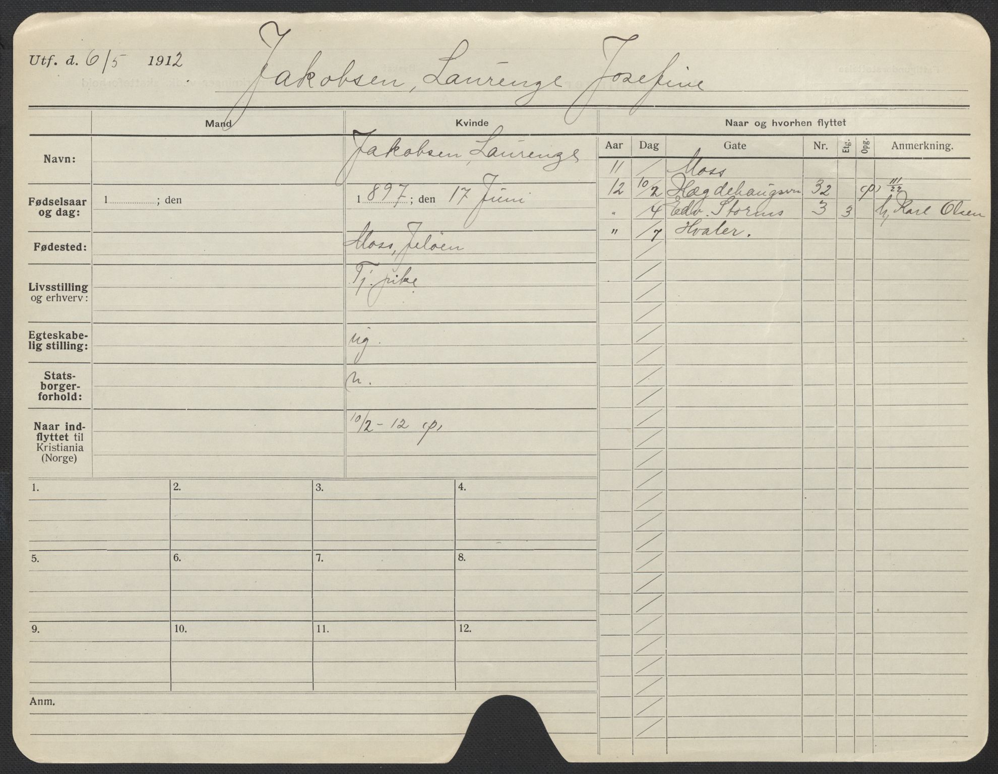 Oslo folkeregister, Registerkort, AV/SAO-A-11715/F/Fa/Fac/L0017: Kvinner, 1906-1914, p. 235a