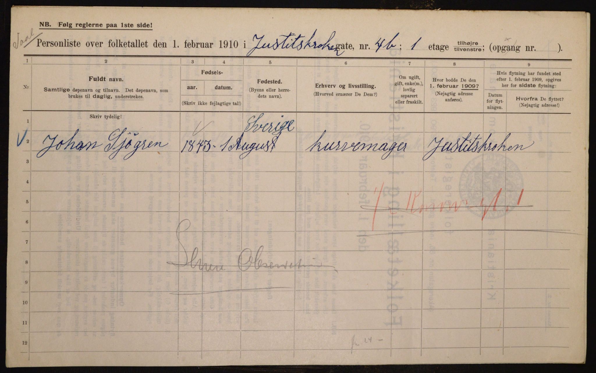 OBA, Municipal Census 1910 for Kristiania, 1910, p. 46307