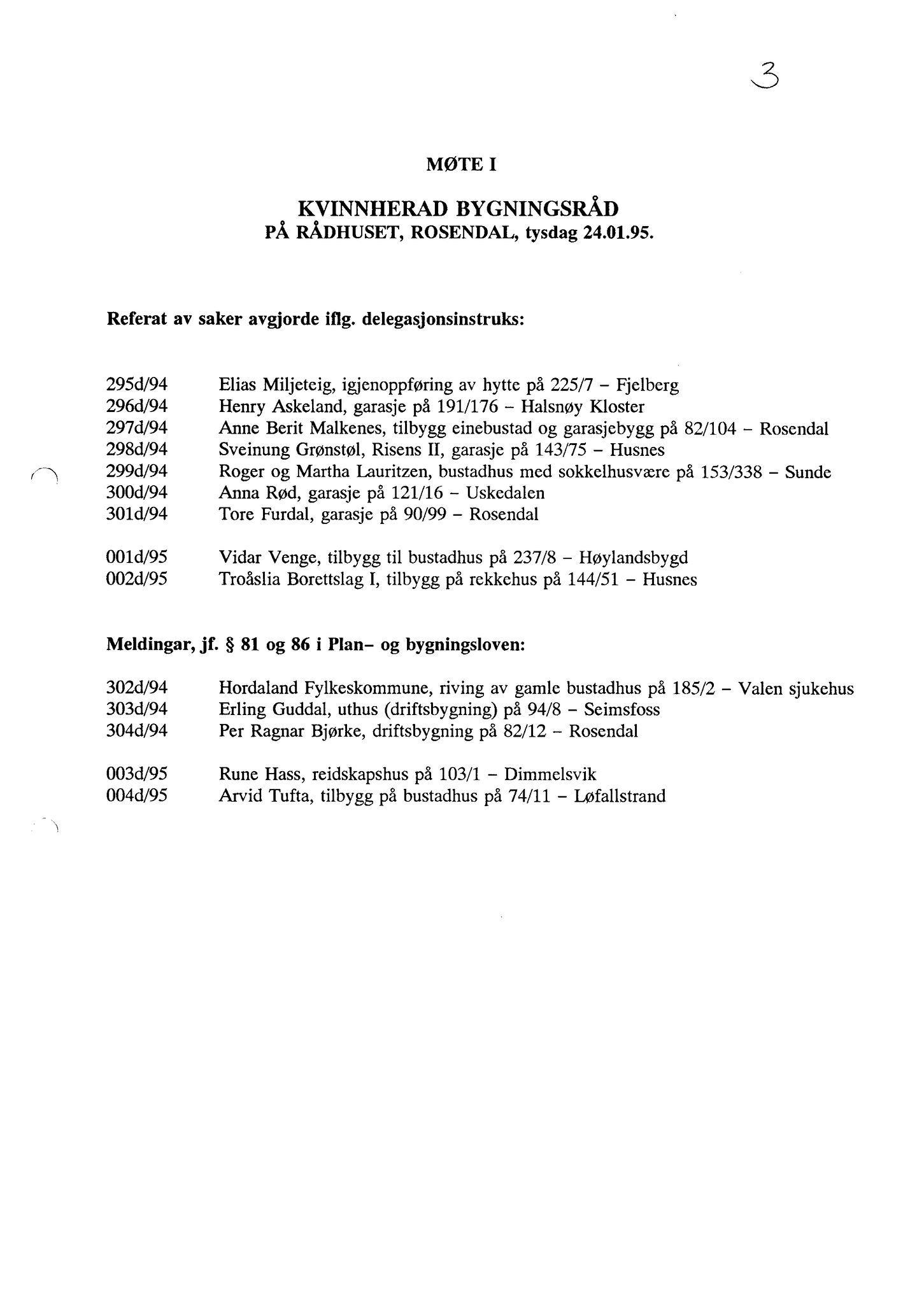 Kvinnherad kommune. Bygningsrådet , IKAH/1224-511/A/Aa/L0090: Møtebok for Kvinnherad bygningsråd, 1995