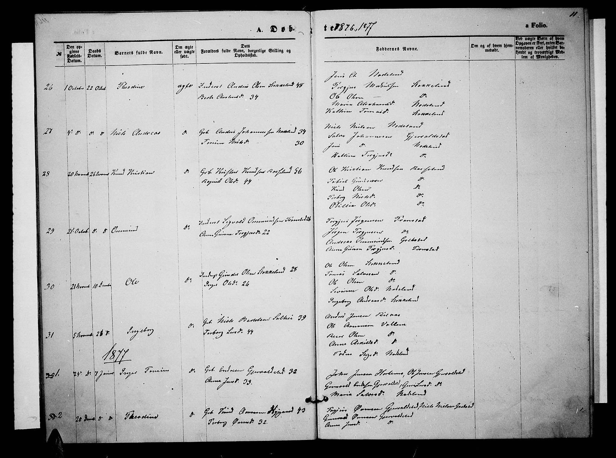 Søgne sokneprestkontor, SAK/1111-0037/F/Fb/Fba/L0003: Parish register (copy) no. B 3, 1874-1887, p. 11