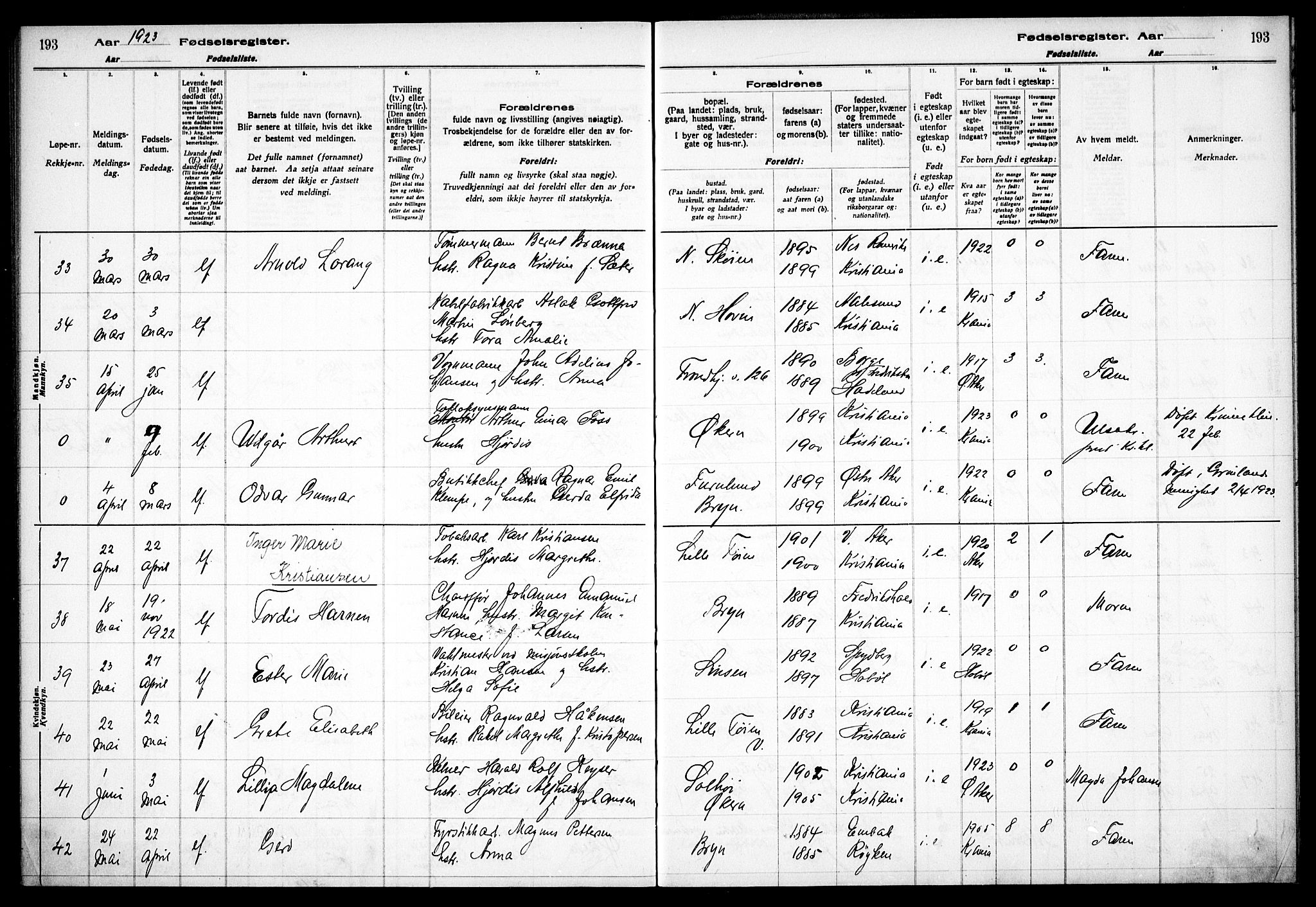 Østre Aker prestekontor Kirkebøker, AV/SAO-A-10840/J/Ja/L0001: Birth register no. I 1, 1916-1923, p. 193