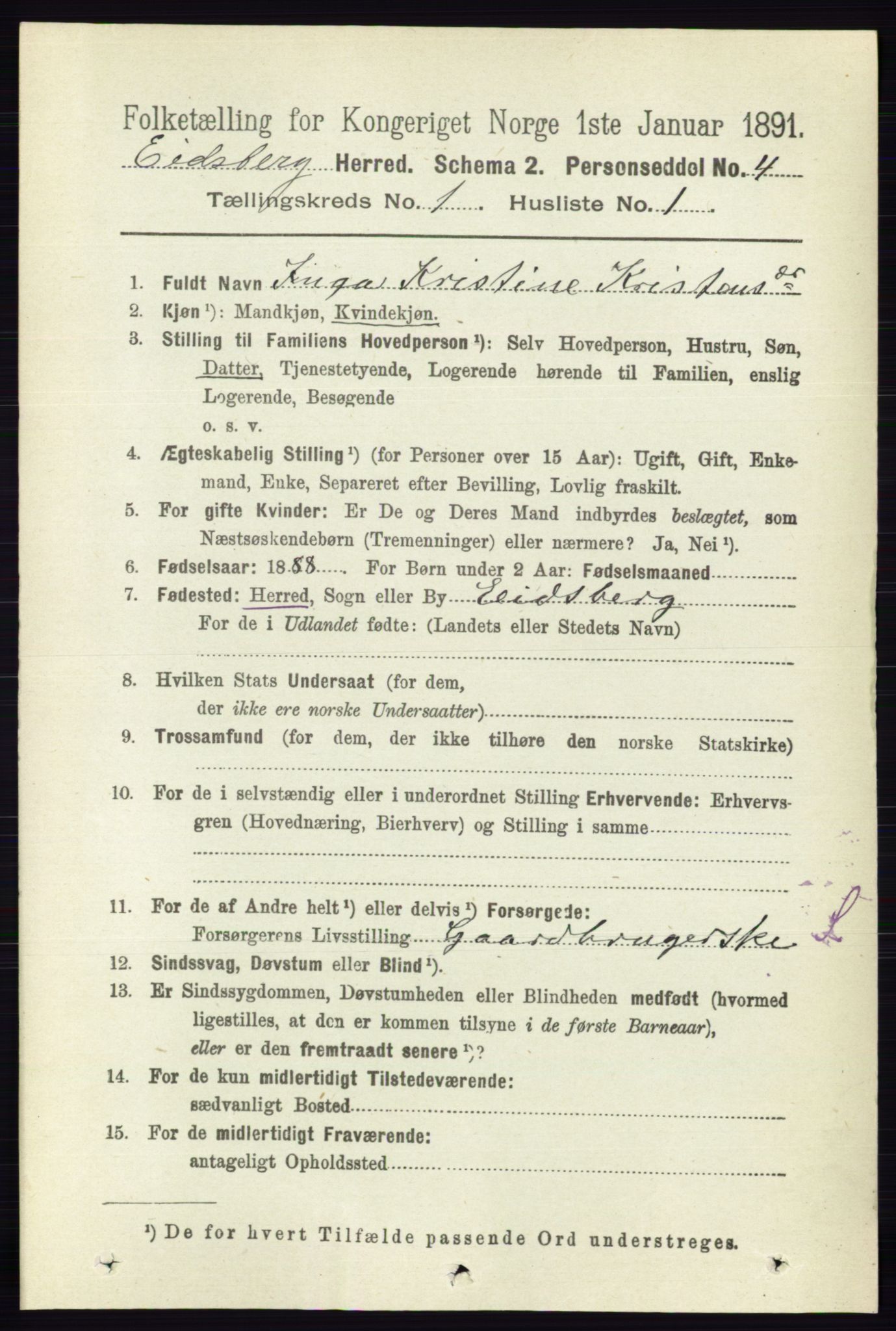 RA, 1891 census for 0125 Eidsberg, 1891, p. 142