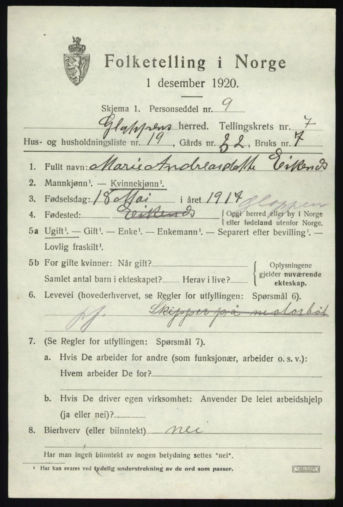 SAB, 1920 census for Gloppen, 1920, p. 4308