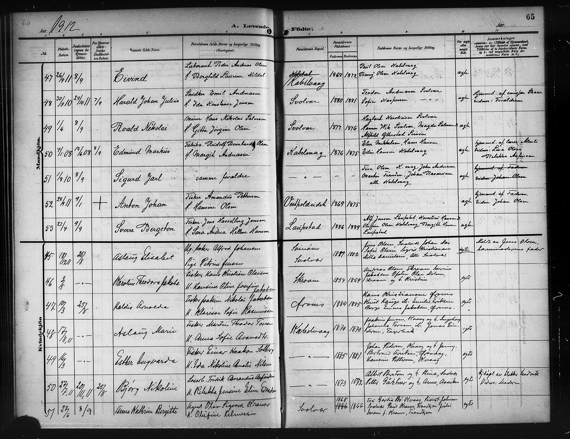 Ministerialprotokoller, klokkerbøker og fødselsregistre - Nordland, AV/SAT-A-1459/874/L1079: Parish register (copy) no. 874C08, 1907-1915, p. 65