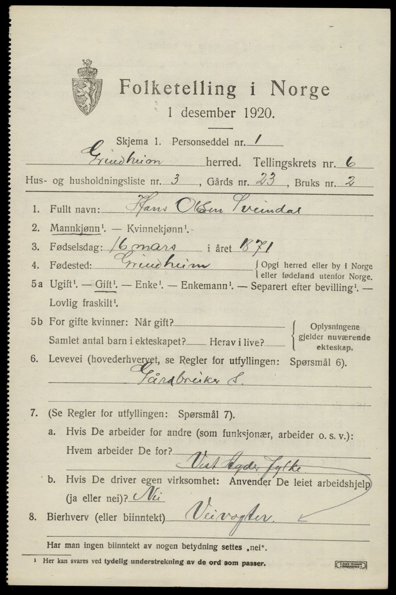 SAK, 1920 census for Grindheim, 1920, p. 1879