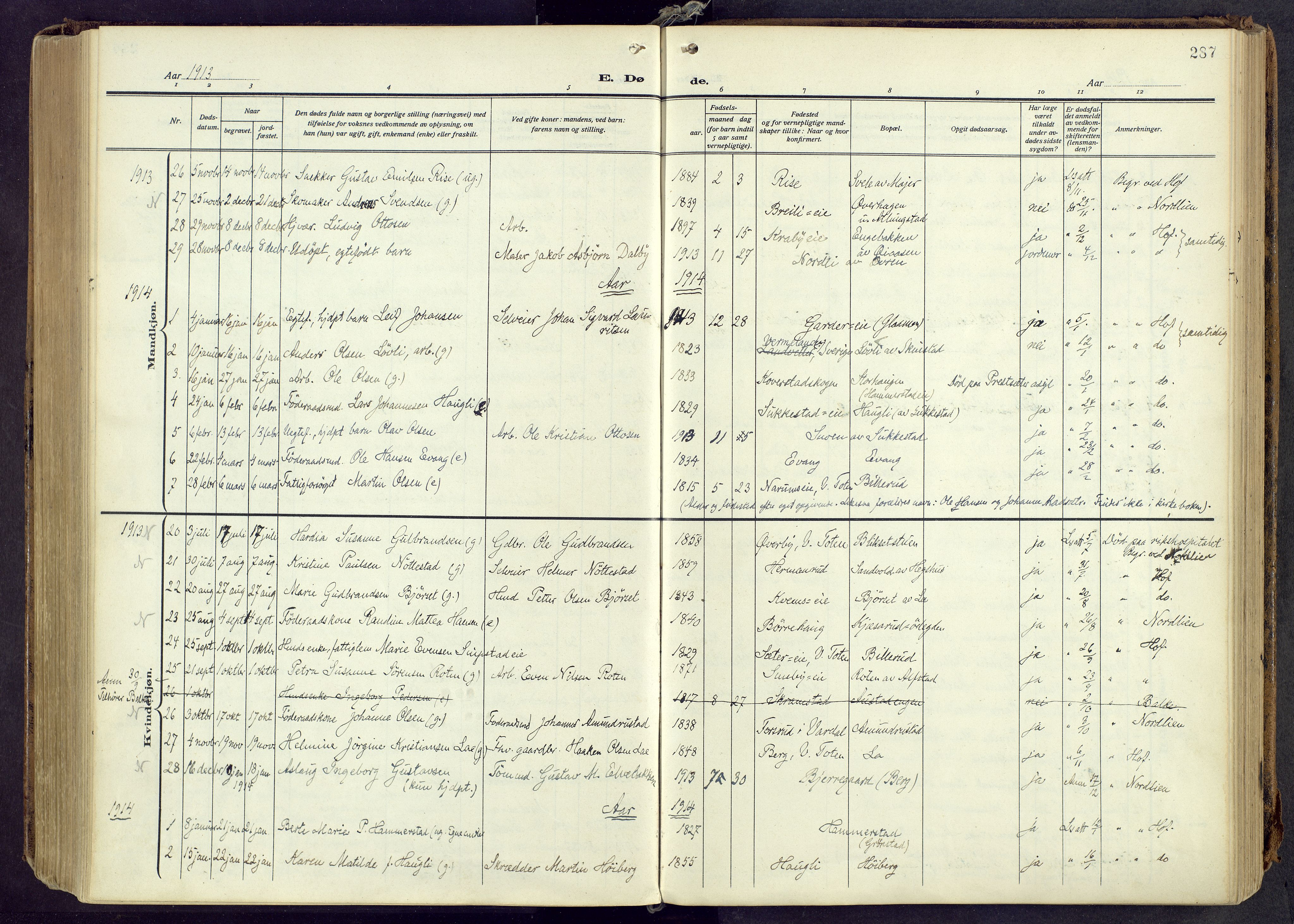 Østre Toten prestekontor, AV/SAH-PREST-104/H/Ha/Haa/L0010: Parish register (official) no. 10, 1910-1920, p. 287