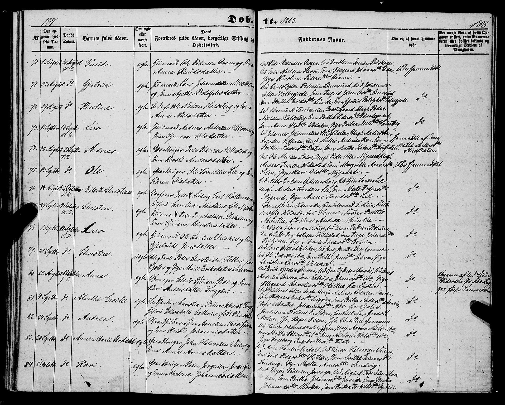 Hafslo sokneprestembete, SAB/A-80301/H/Haa/Haaa/L0009: Parish register (official) no. A 9, 1852-1873, p. 187-188