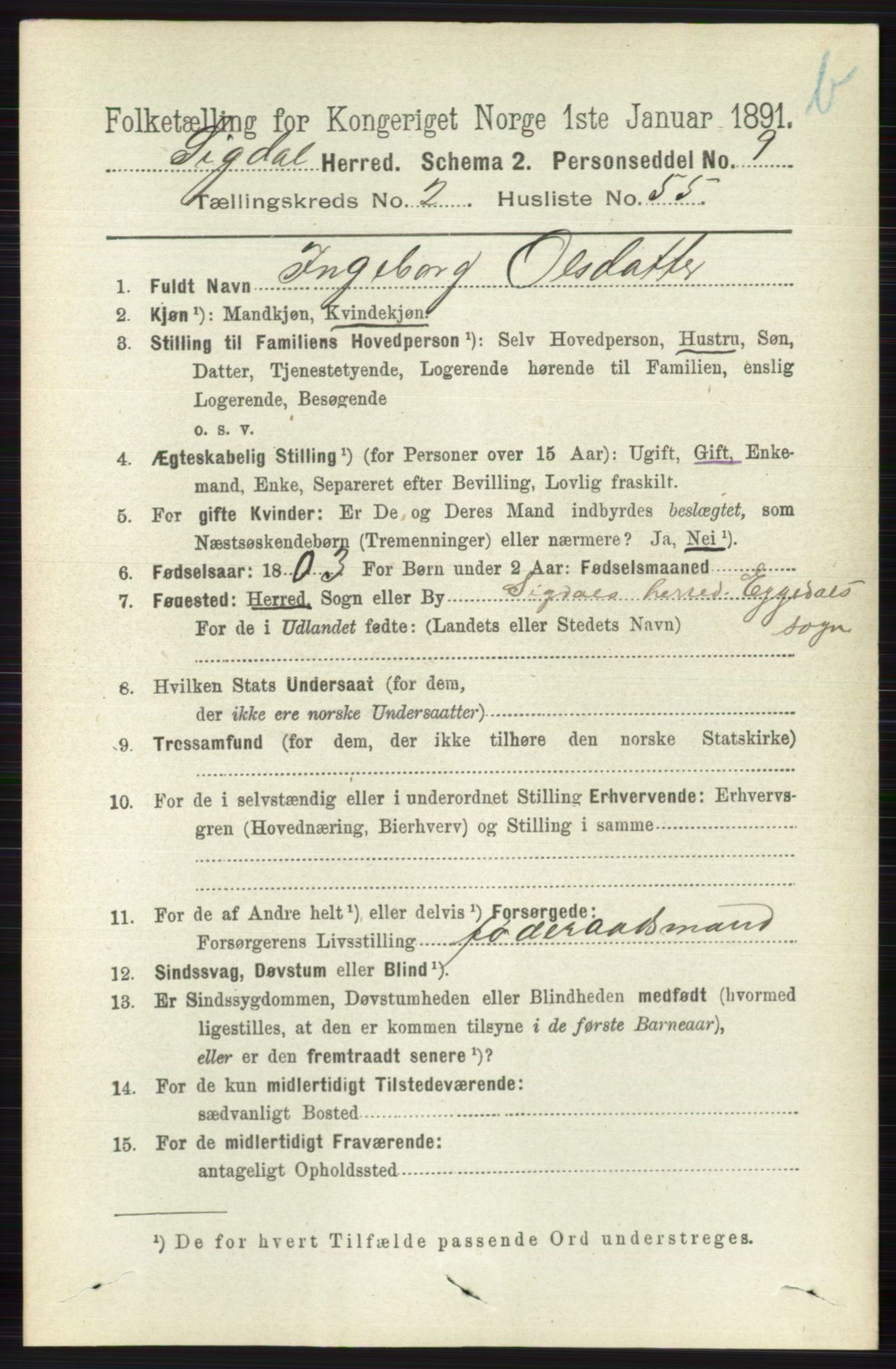 RA, 1891 census for 0621 Sigdal, 1891, p. 4226