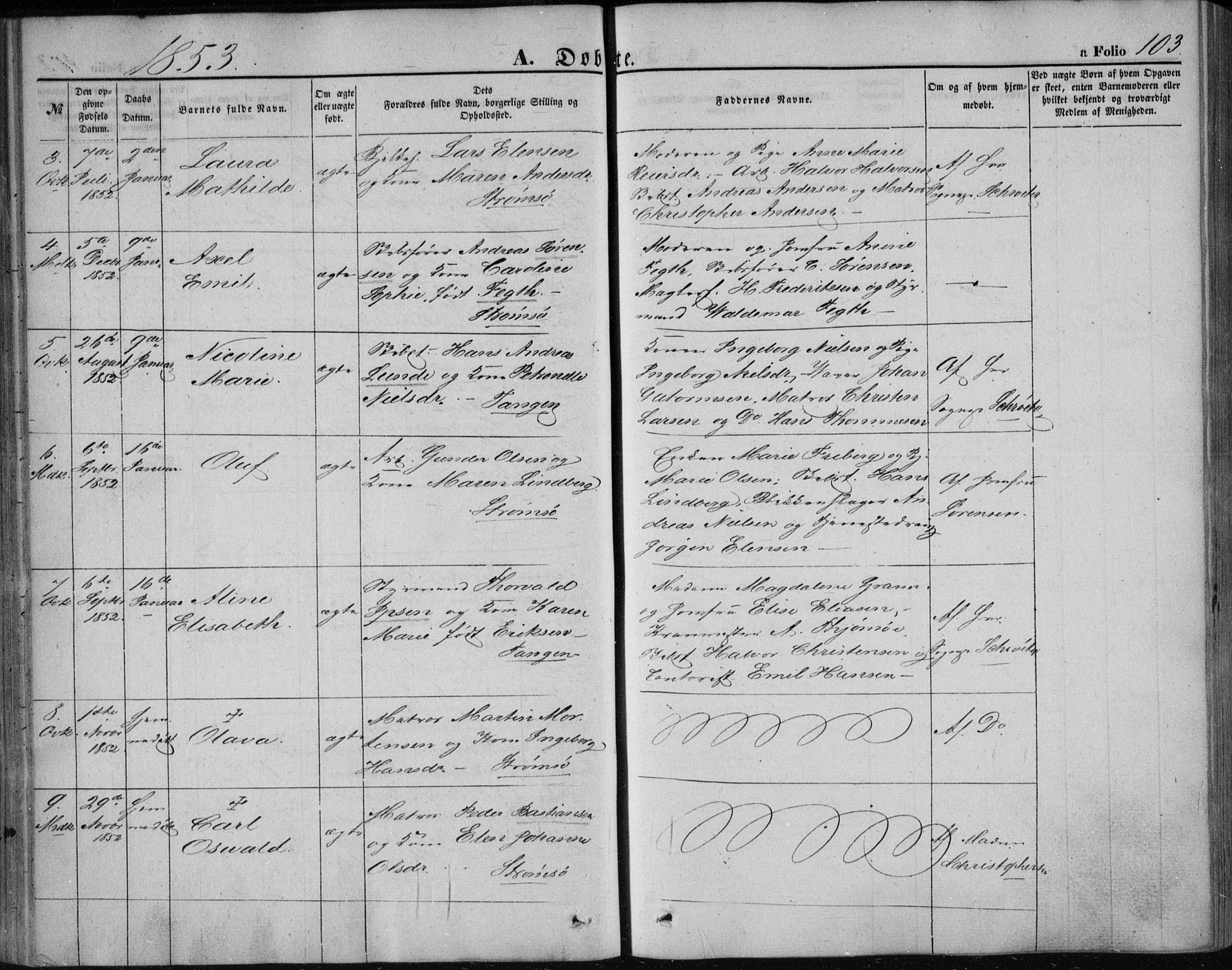 Strømsø kirkebøker, AV/SAKO-A-246/F/Fa/L0014: Parish register (official) no. I 14, 1848-1858, p. 103