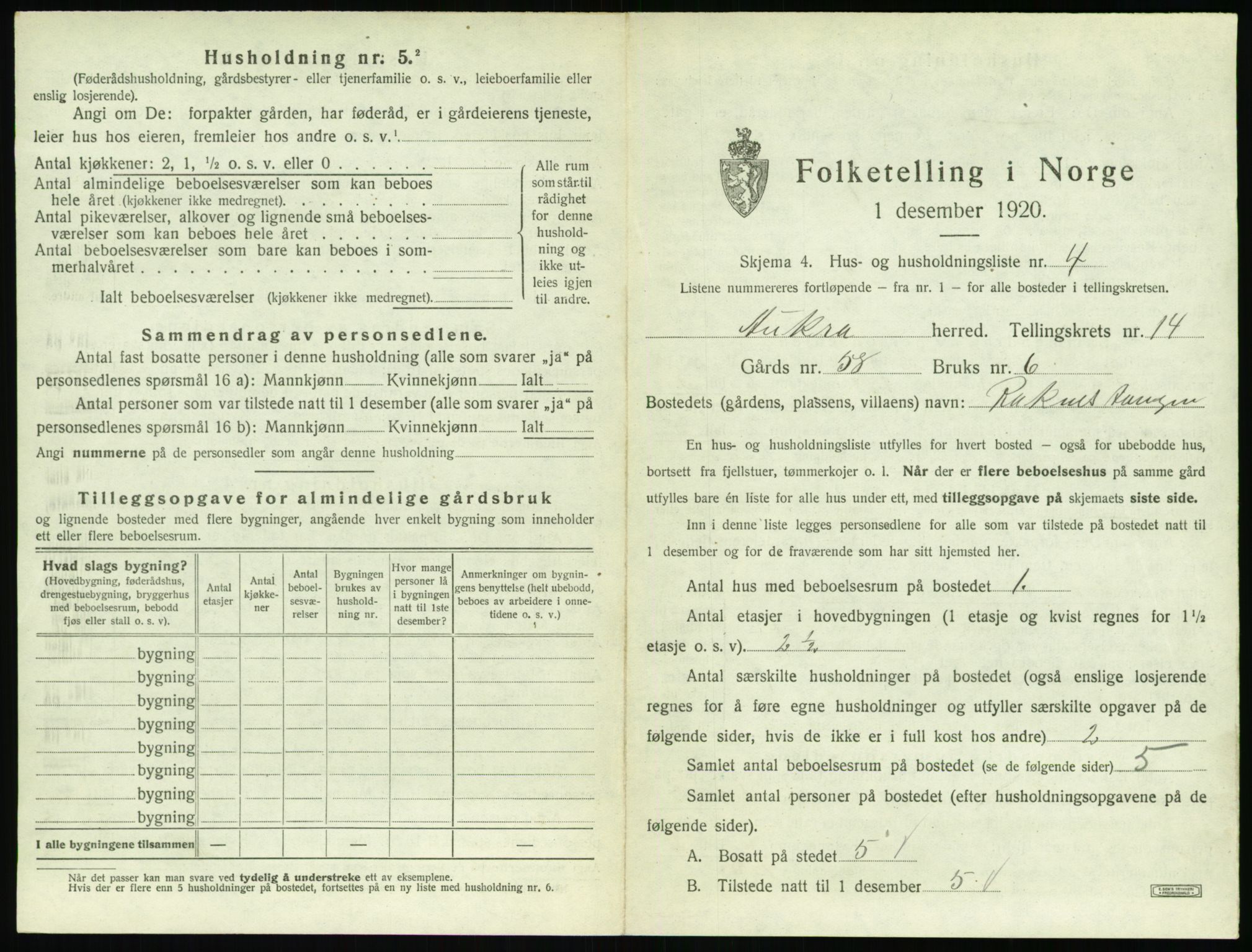 SAT, 1920 census for Aukra, 1920, p. 837