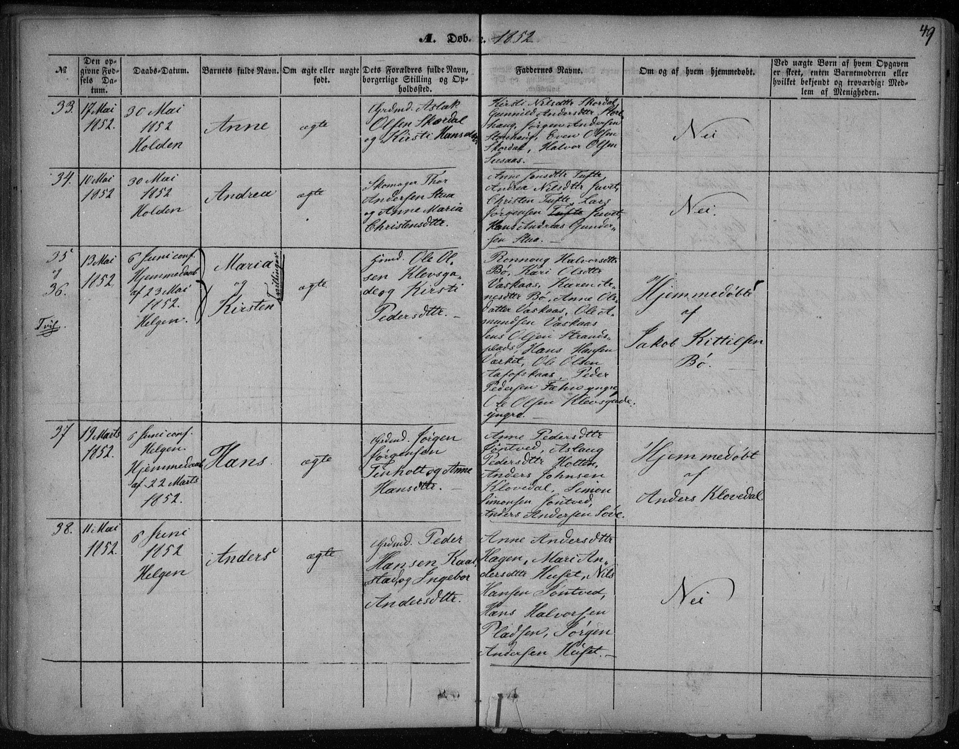 Holla kirkebøker, SAKO/A-272/F/Fa/L0005: Parish register (official) no. 5, 1849-1860, p. 49