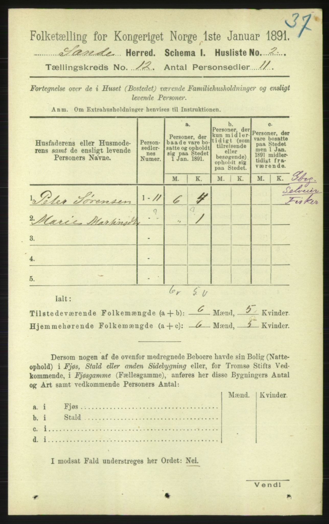 RA, 1891 census for 1514 Sande, 1891, p. 2210