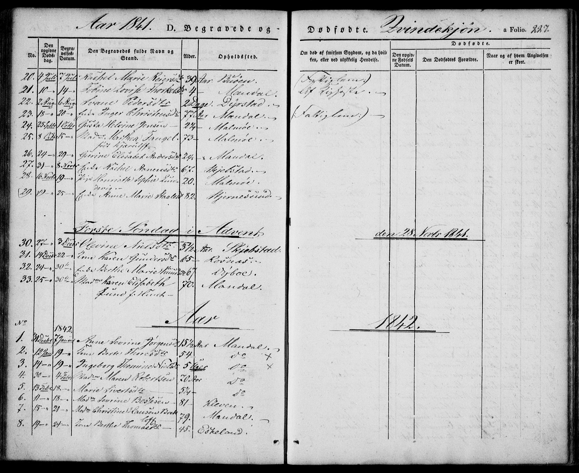 Mandal sokneprestkontor, SAK/1111-0030/F/Fa/Faa/L0012: Parish register (official) no. A 12, 1840-1847, p. 227
