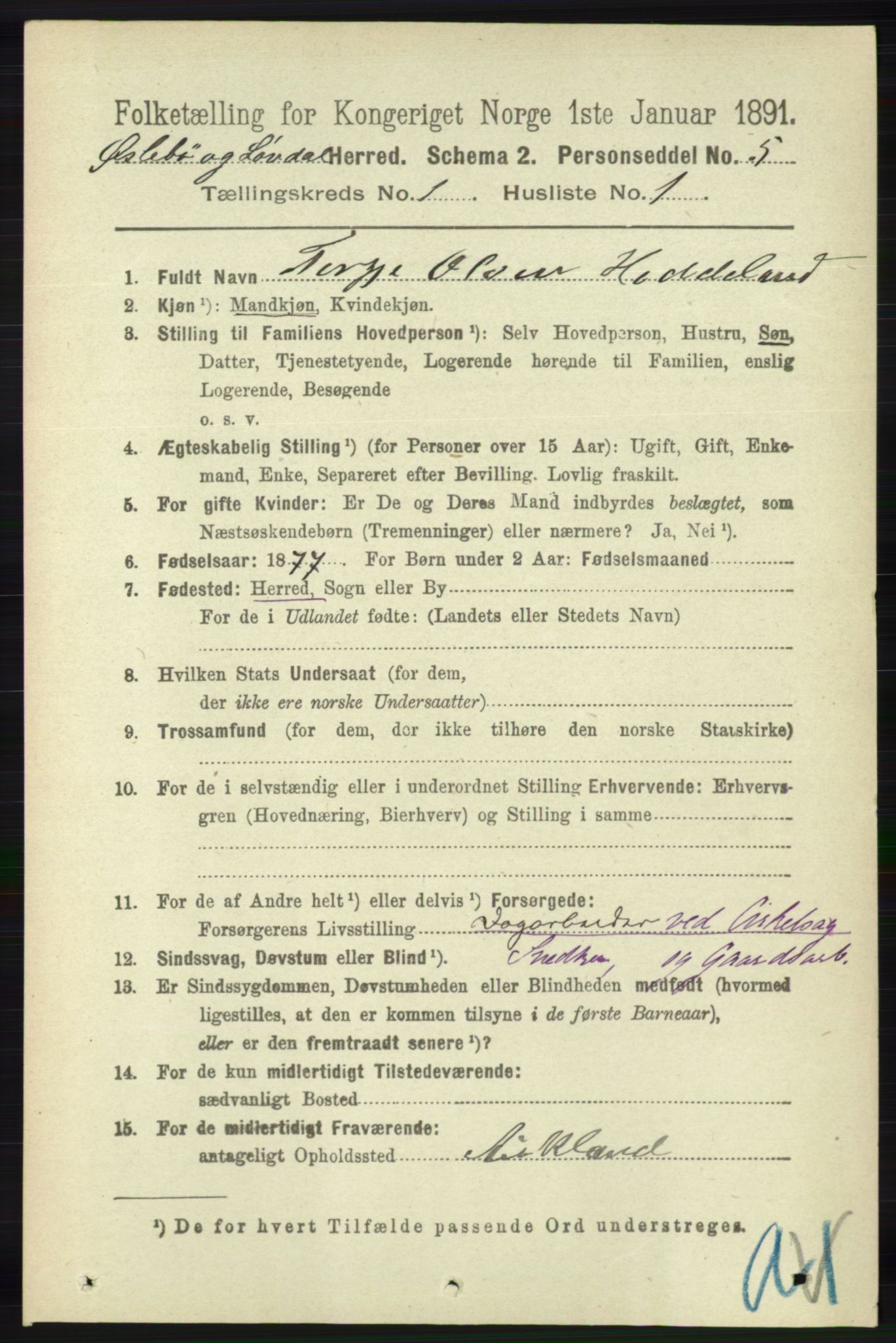 RA, 1891 census for 1021 Øyslebø og Laudal, 1891, p. 84