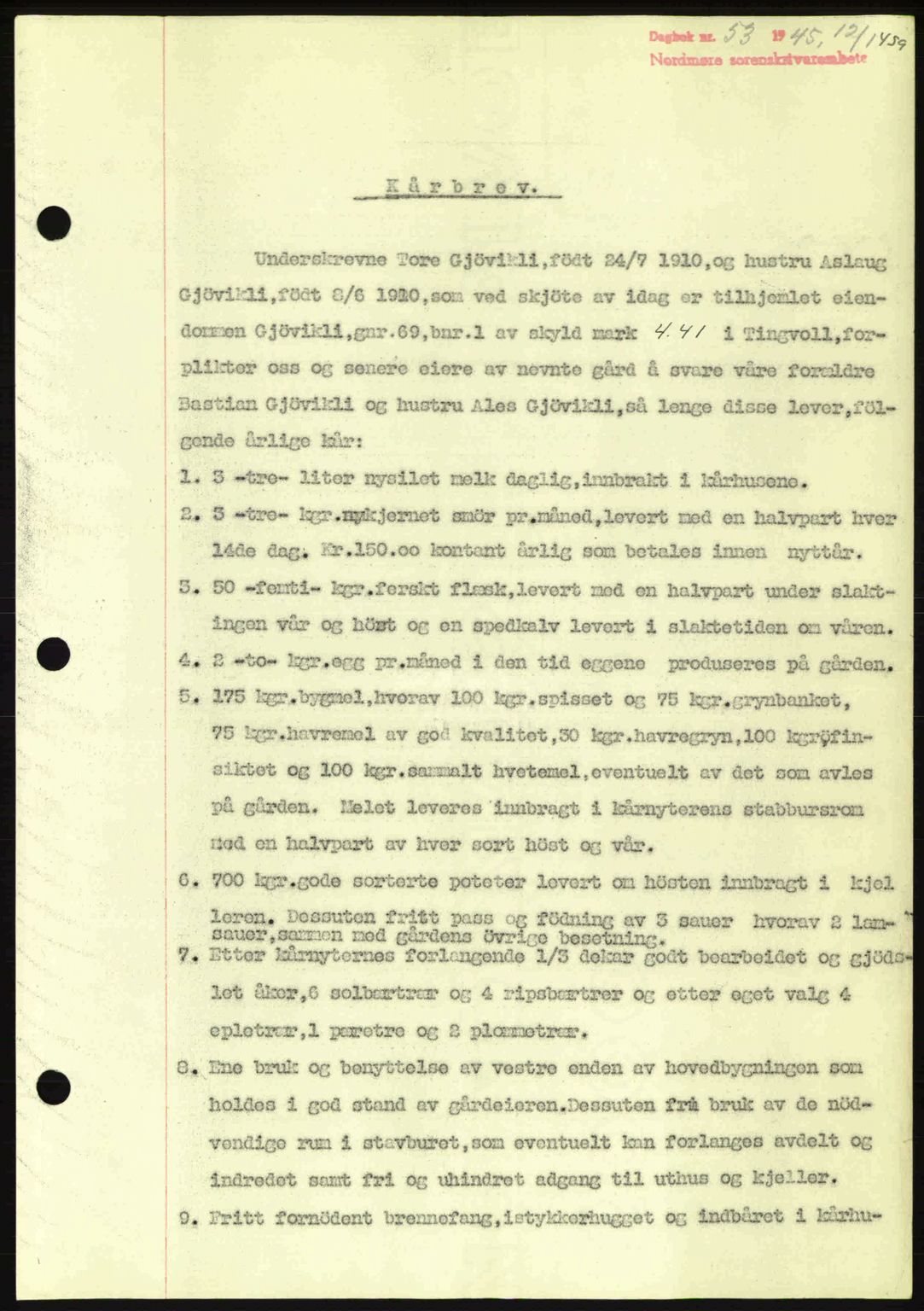 Nordmøre sorenskriveri, AV/SAT-A-4132/1/2/2Ca: Mortgage book no. B92, 1944-1945, Diary no: : 53/1945