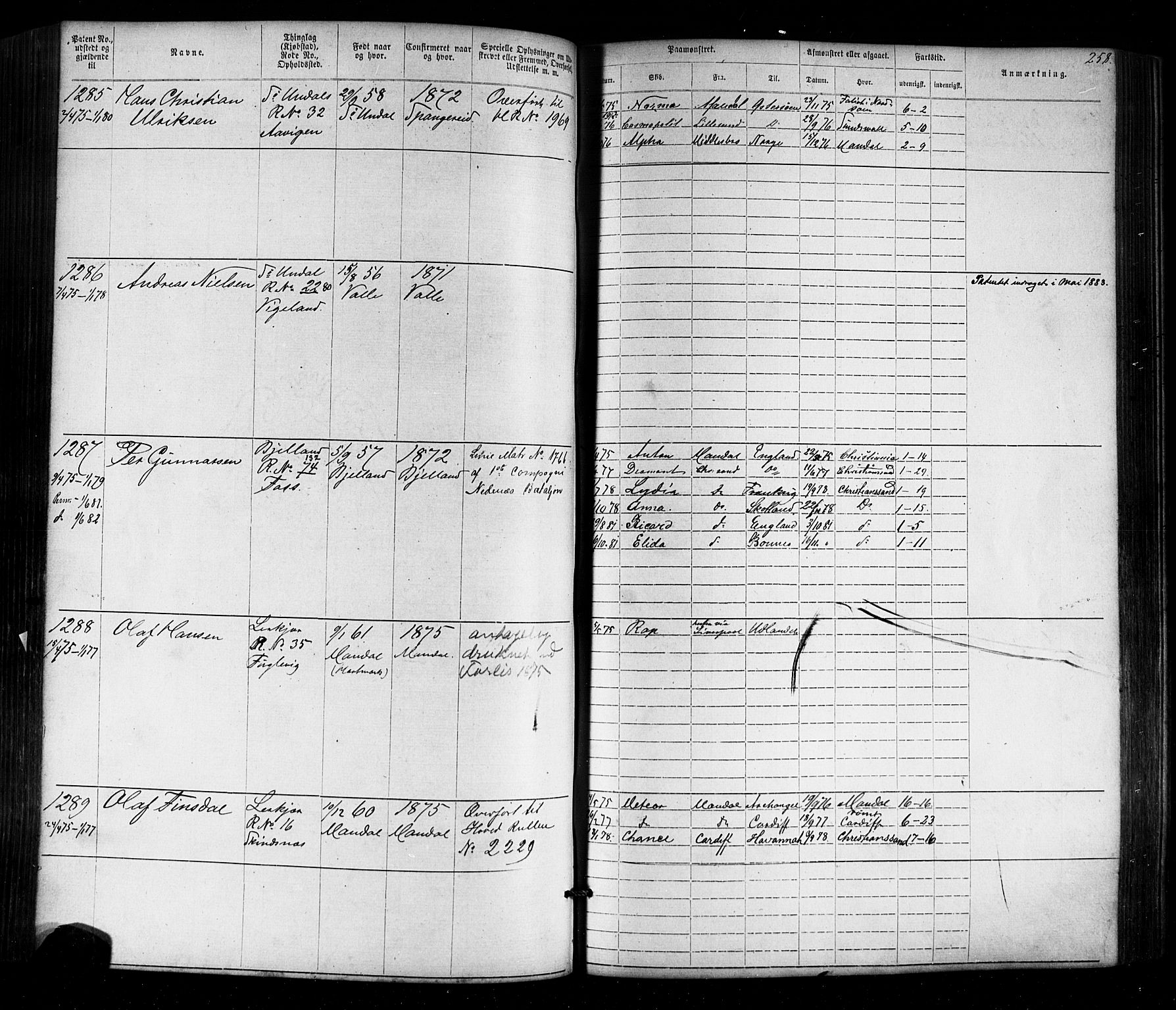 Mandal mønstringskrets, AV/SAK-2031-0016/F/Fa/L0005: Annotasjonsrulle nr 1-1909 med register, Y-15, 1868-1880, p. 298