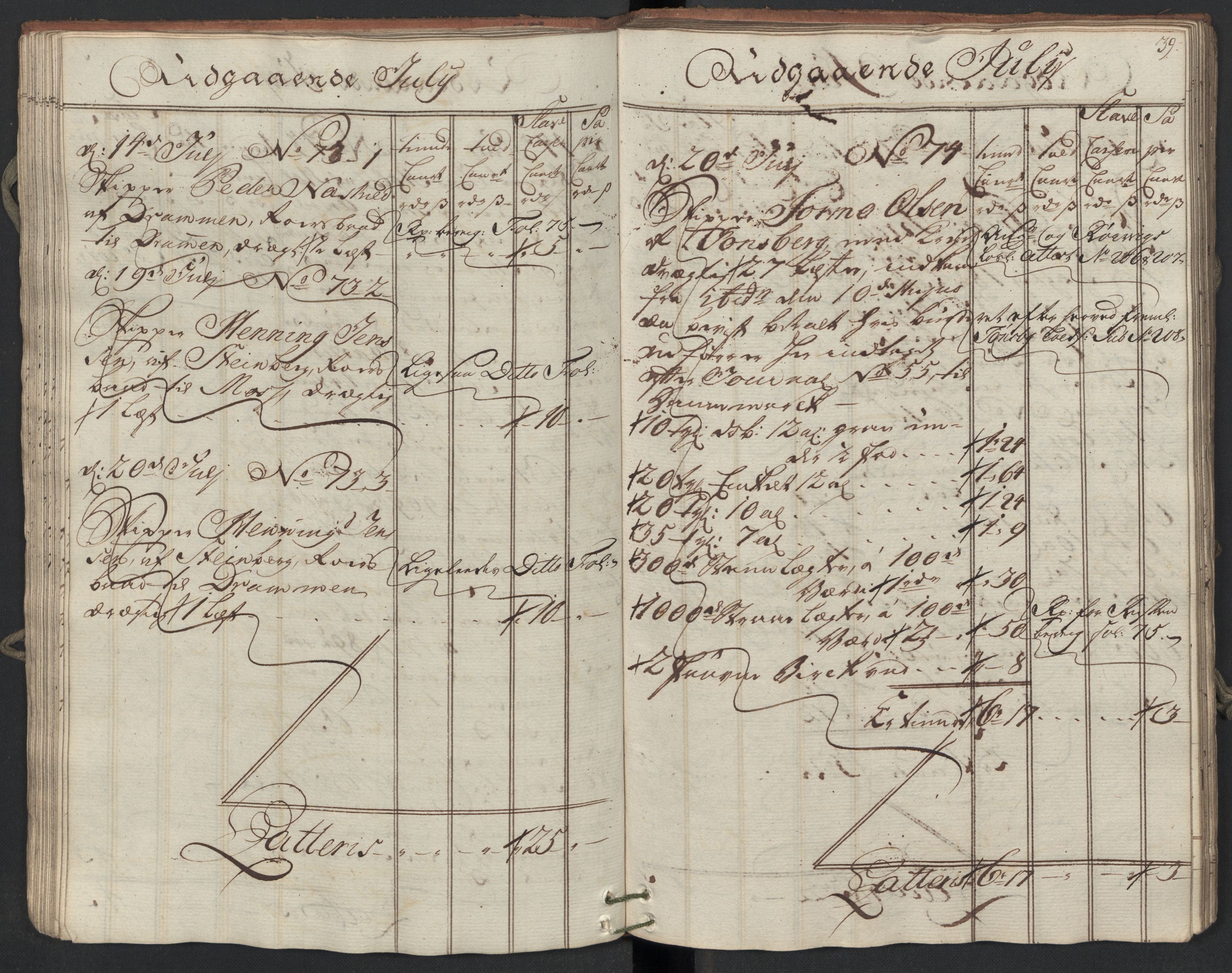 Generaltollkammeret, tollregnskaper, AV/RA-EA-5490/R09/L0038/0001: Tollregnskaper Holmestrand / Utgående hovedtollbok, 1764, p. 38b-39a