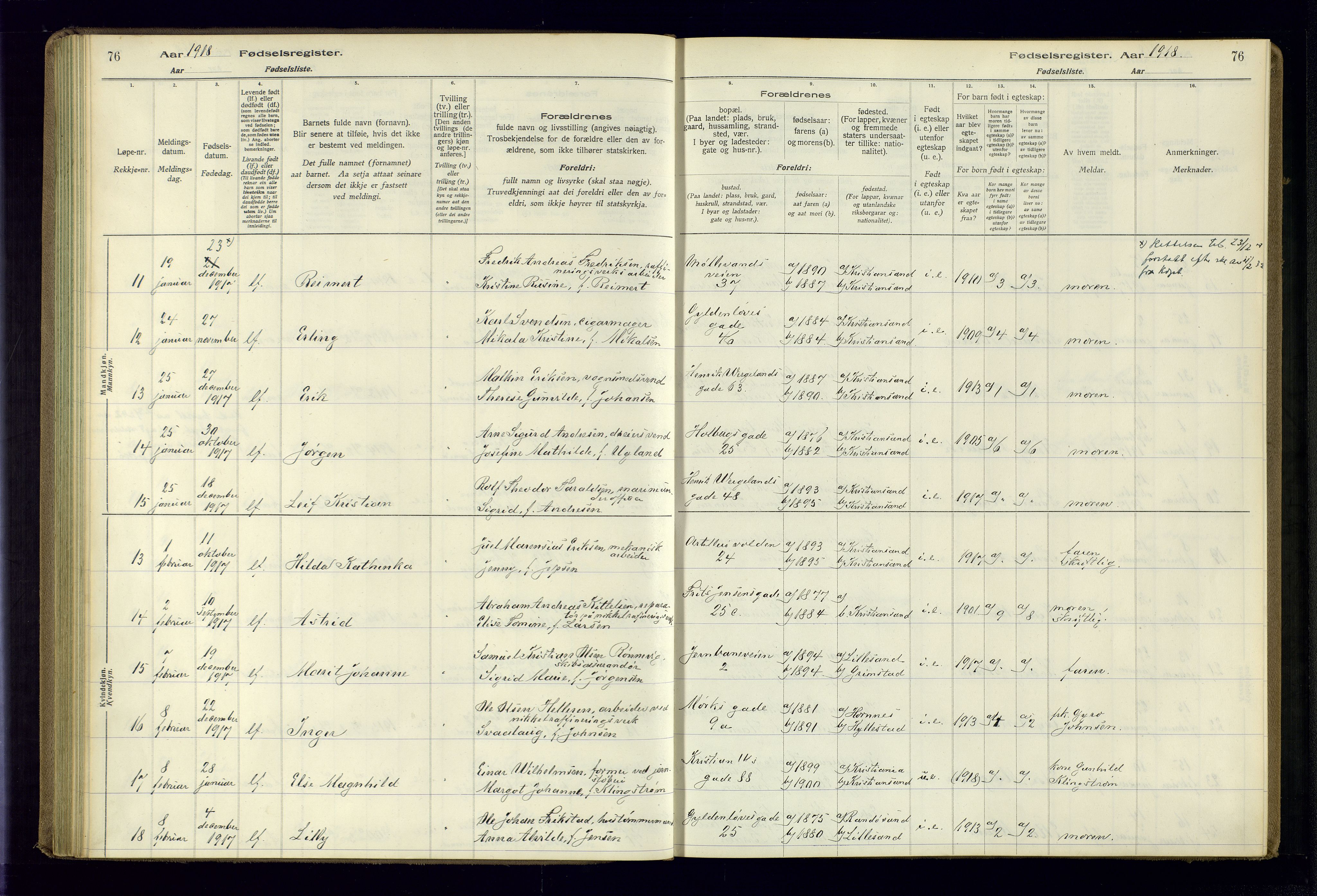 Kristiansand domprosti, AV/SAK-1112-0006/J/Jc/L0001: Birth register no. A-VI-45, 1916-1921, p. 76