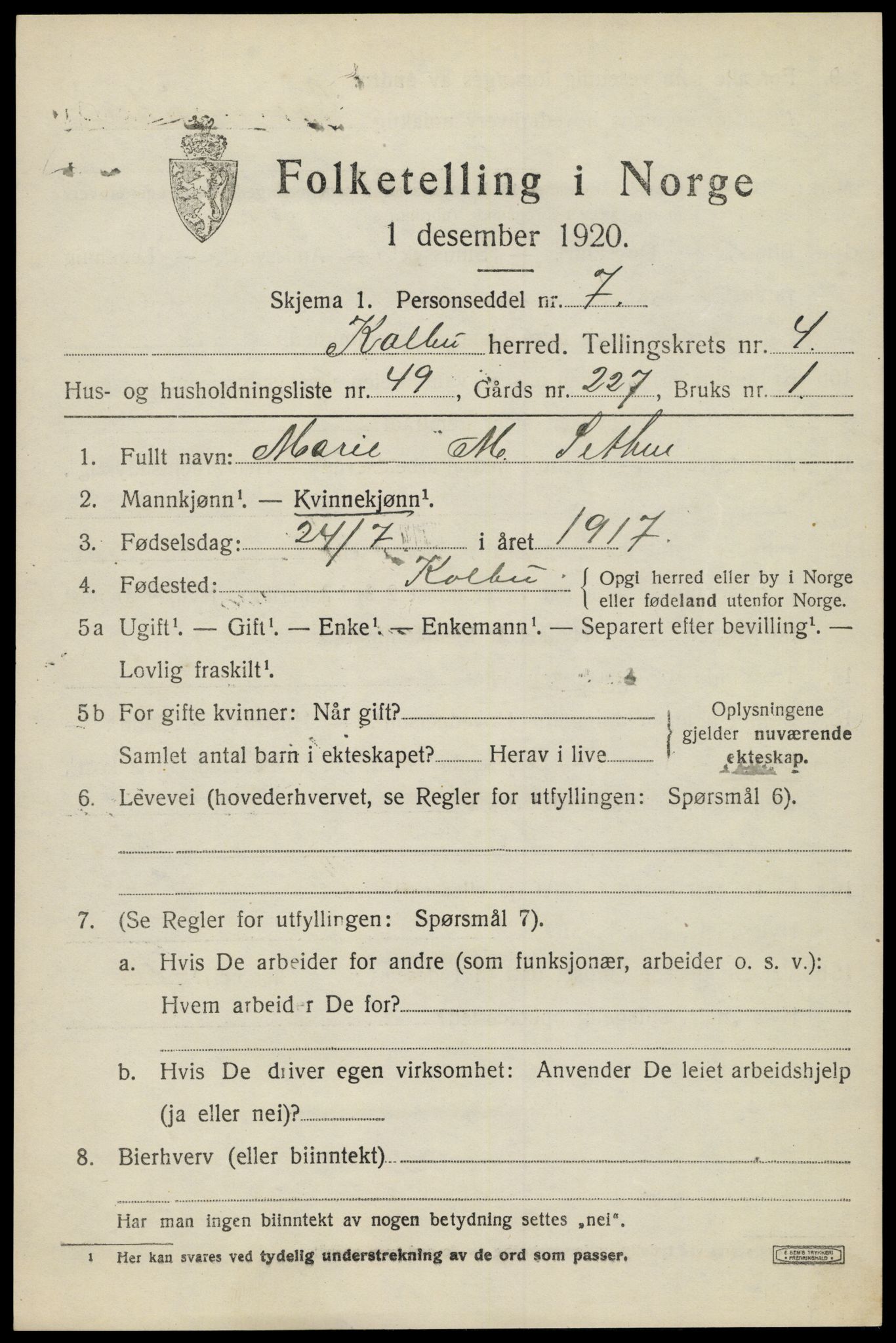 SAH, 1920 census for Kolbu, 1920, p. 3640