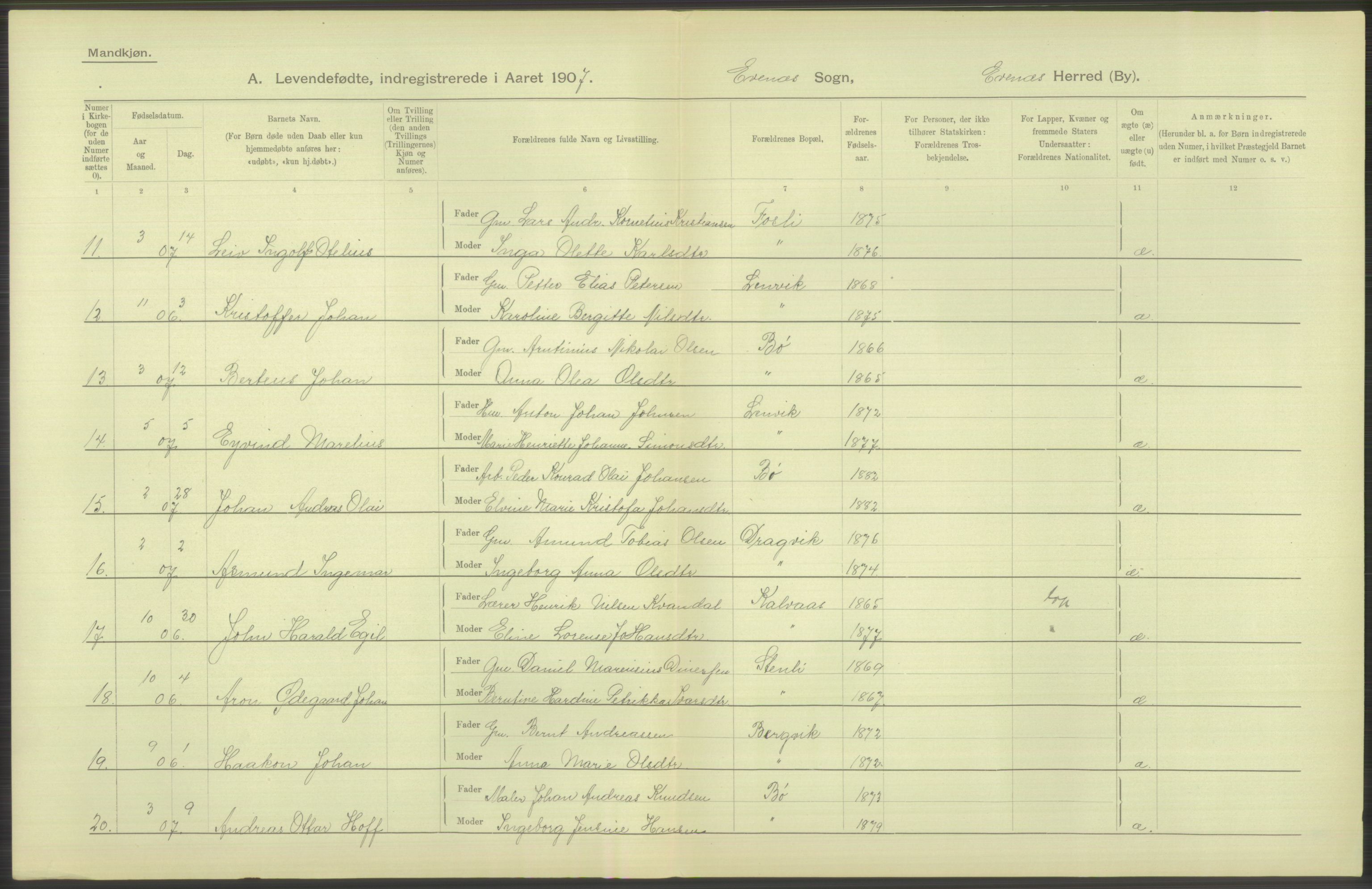 Statistisk sentralbyrå, Sosiodemografiske emner, Befolkning, AV/RA-S-2228/D/Df/Dfa/Dfae/L0043: Nordlands amt: Levendefødte menn og kvinner. Bygder., 1907, p. 14