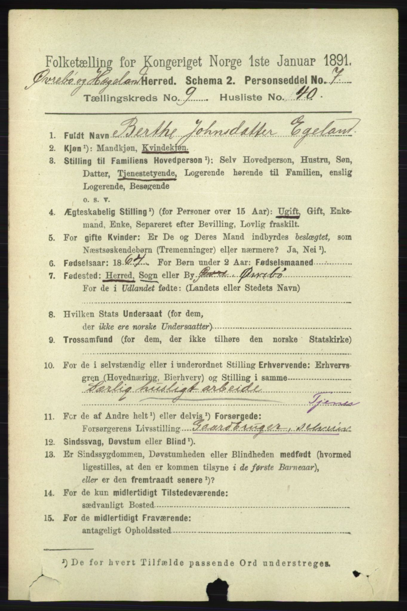 RA, 1891 census for 1016 Øvrebø og Hægeland, 1891, p. 1997