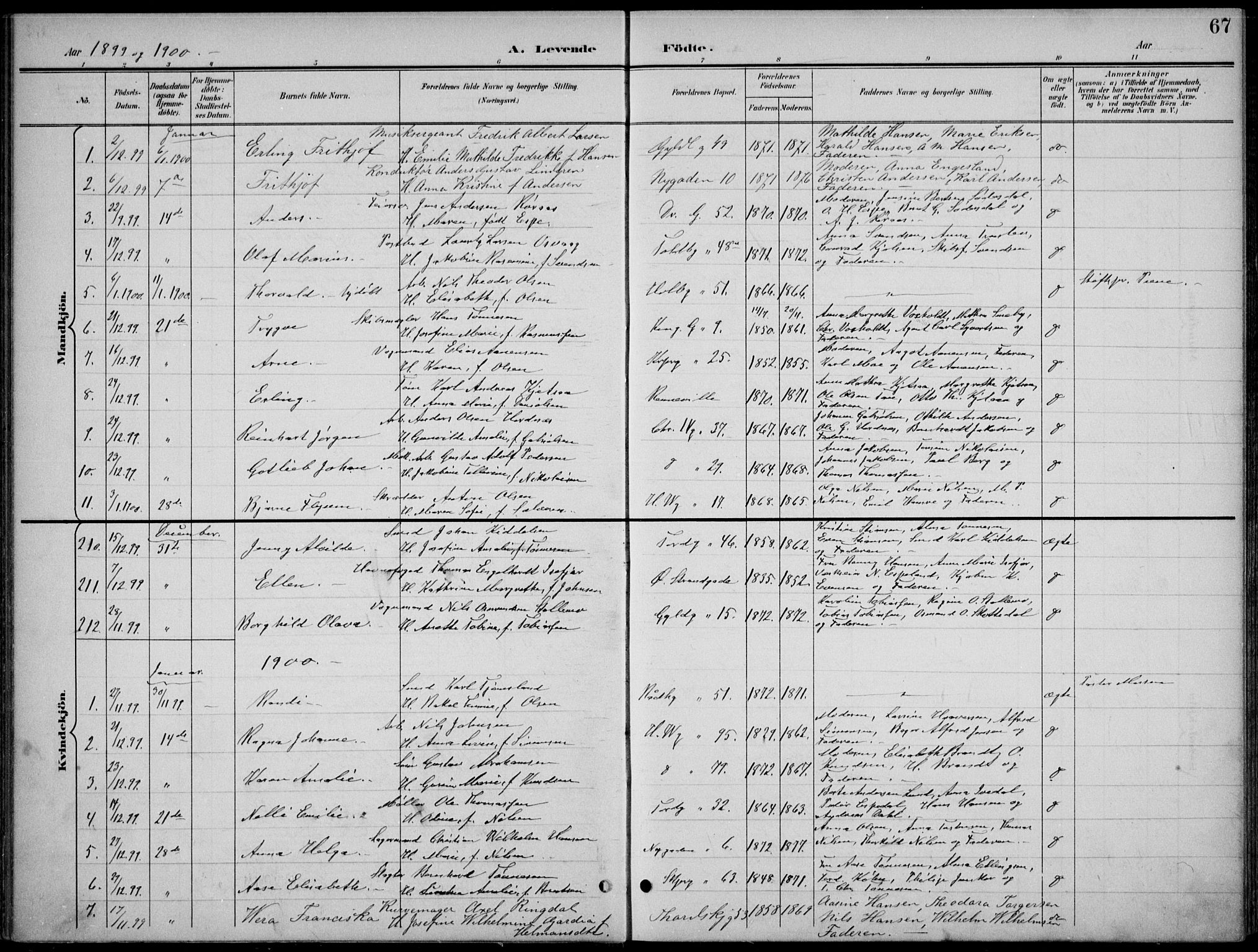 Kristiansand domprosti, AV/SAK-1112-0006/F/Fb/L0018: Parish register (copy) no. B 18, 1896-1905, p. 67