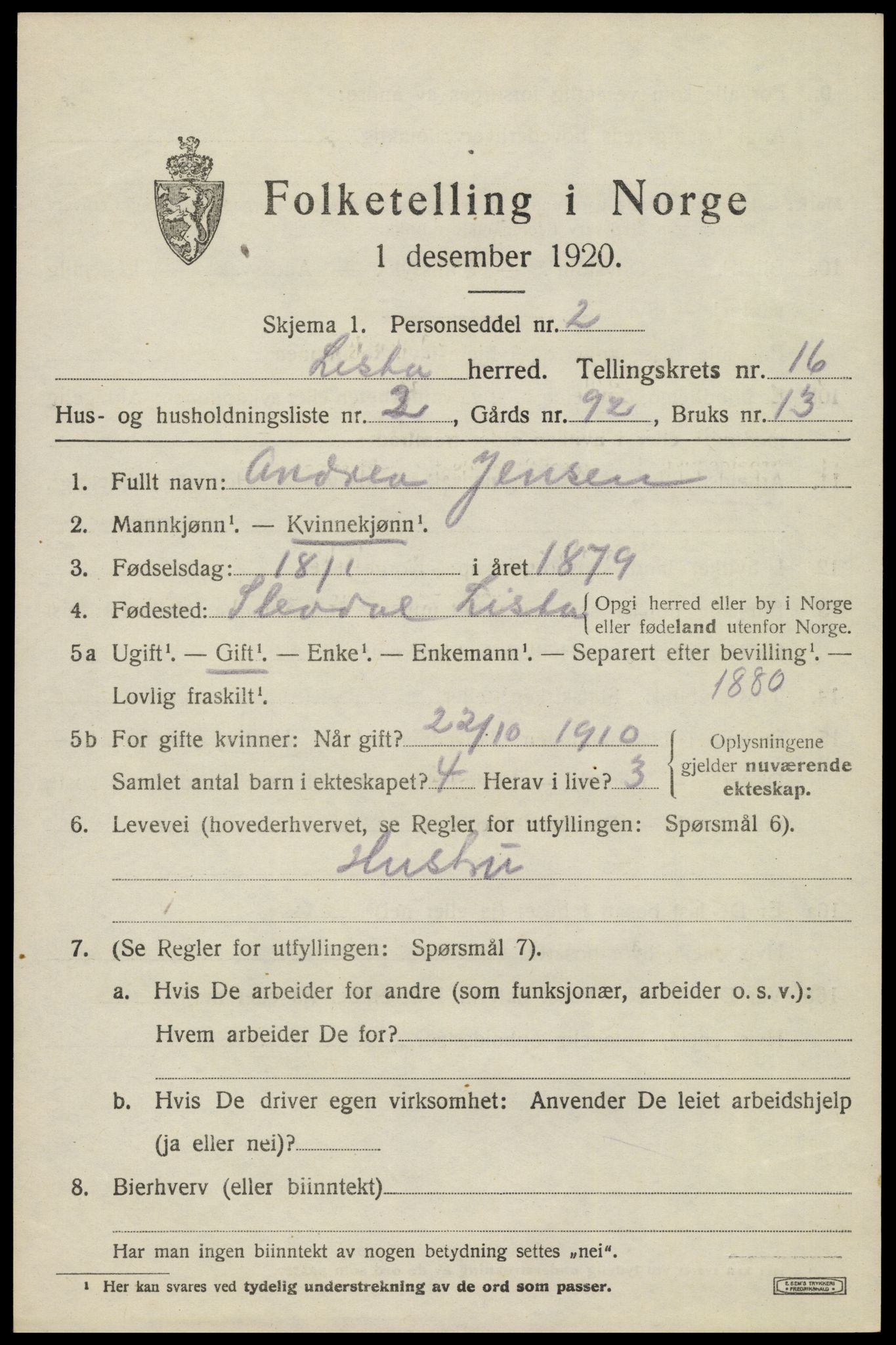SAK, 1920 census for Lista, 1920, p. 12943