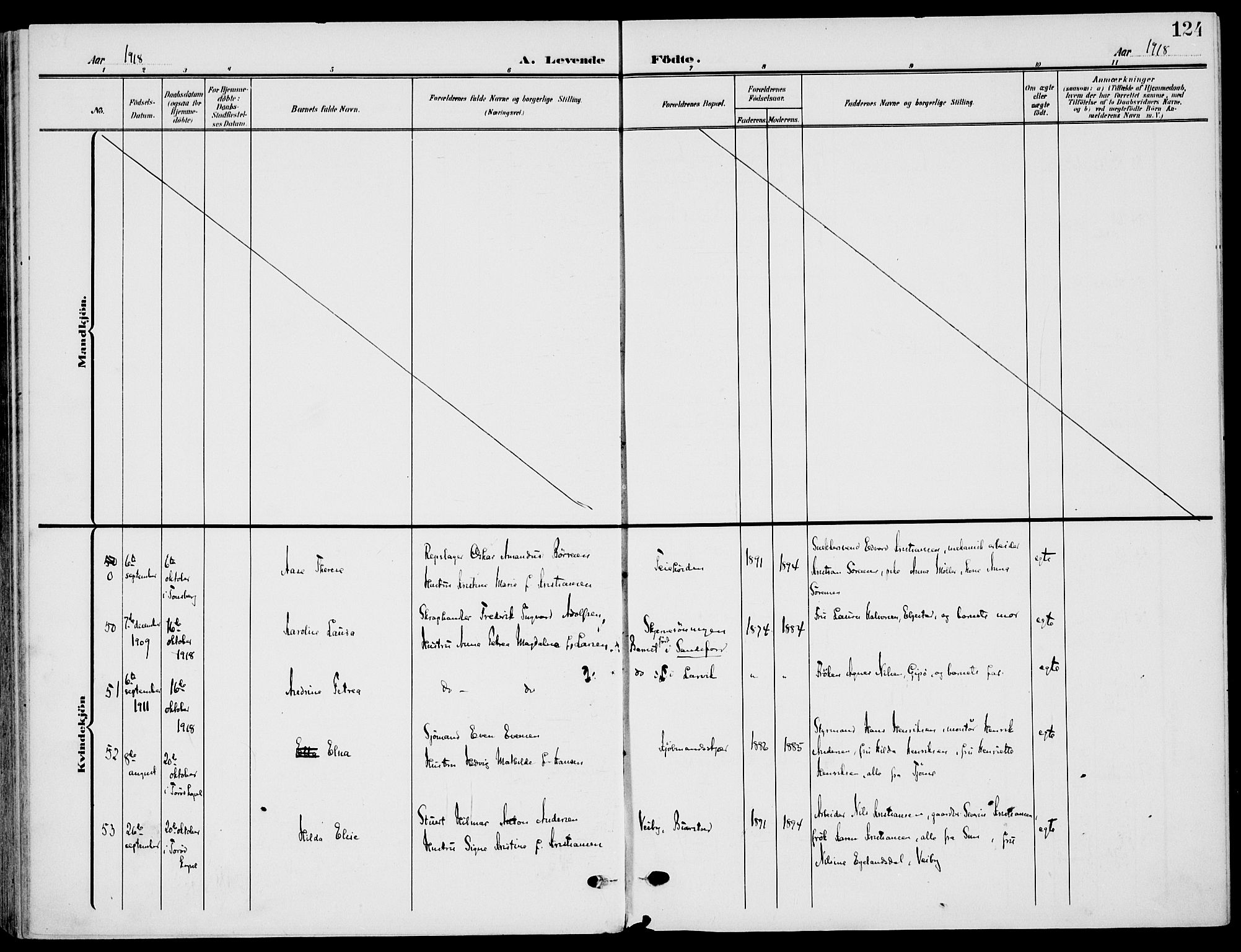 Nøtterøy kirkebøker, AV/SAKO-A-354/F/Fa/L0010: Parish register (official) no. I 10, 1908-1919, p. 124