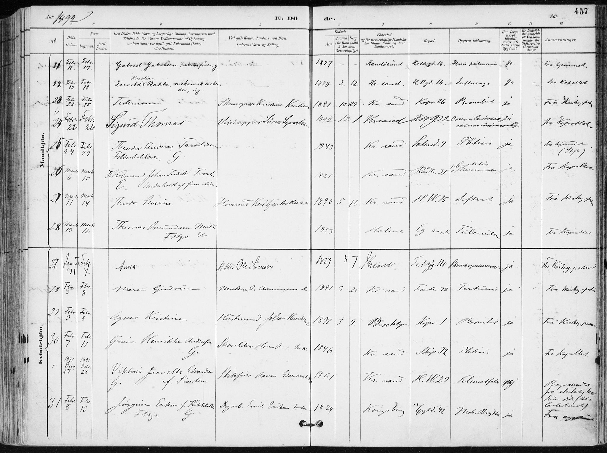 Kristiansand domprosti, SAK/1112-0006/F/Fa/L0019: Parish register (official) no. A 18, 1890-1897, p. 457