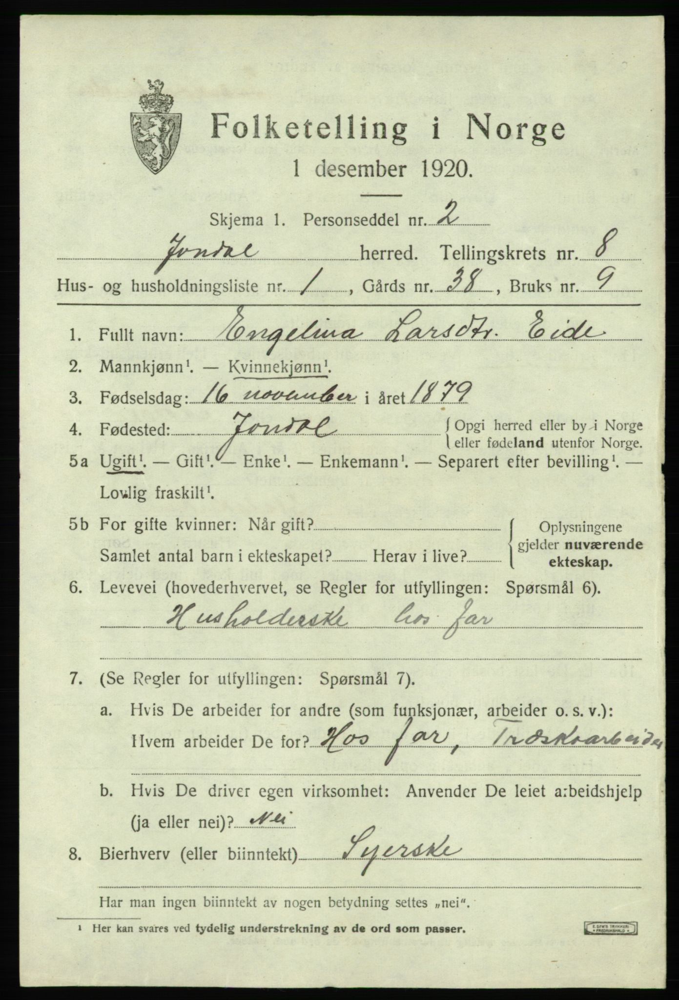 SAB, 1920 census for Jondal, 1920, p. 4238