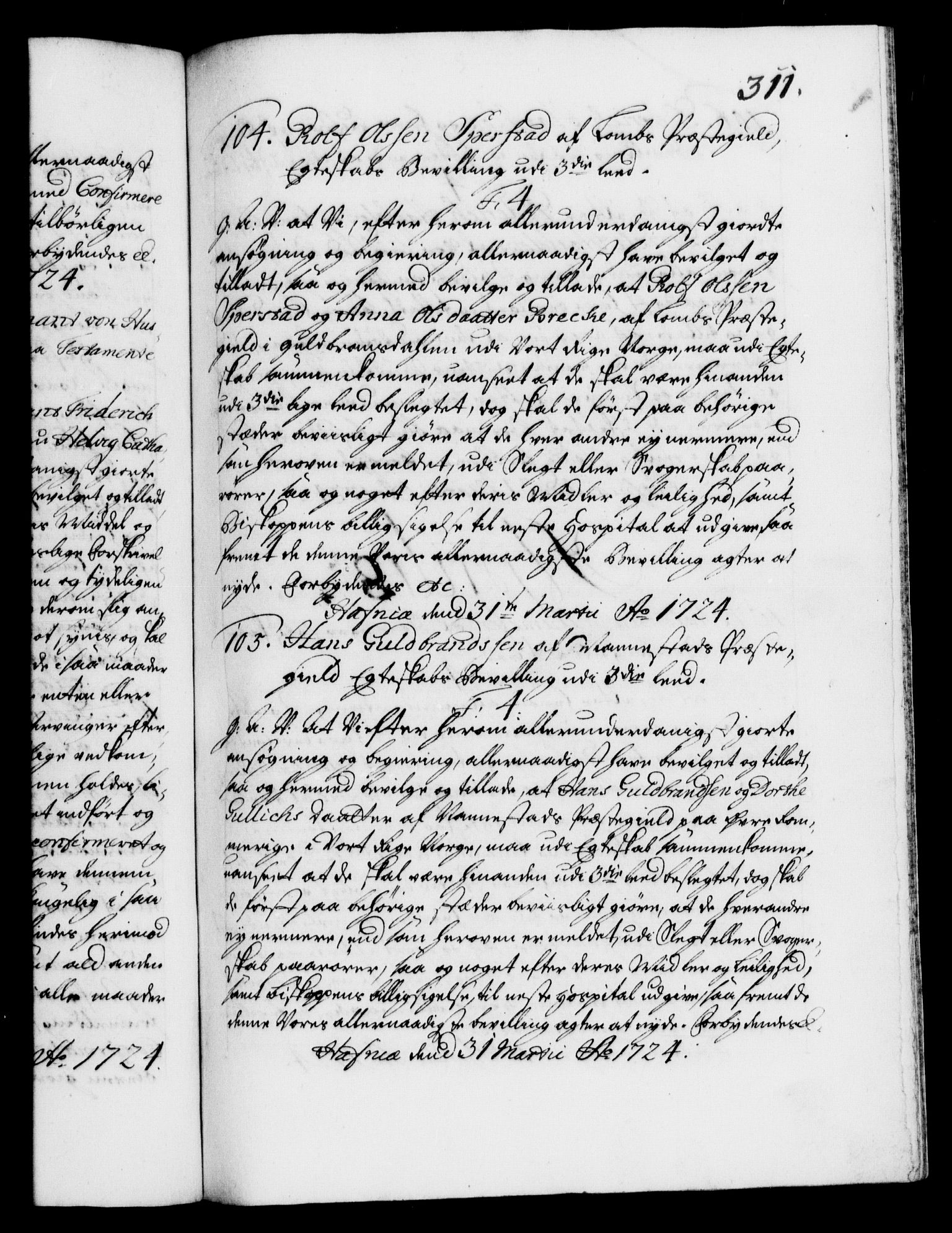 Danske Kanselli 1572-1799, AV/RA-EA-3023/F/Fc/Fca/Fcaa/L0024: Norske registre, 1723-1725, p. 311a