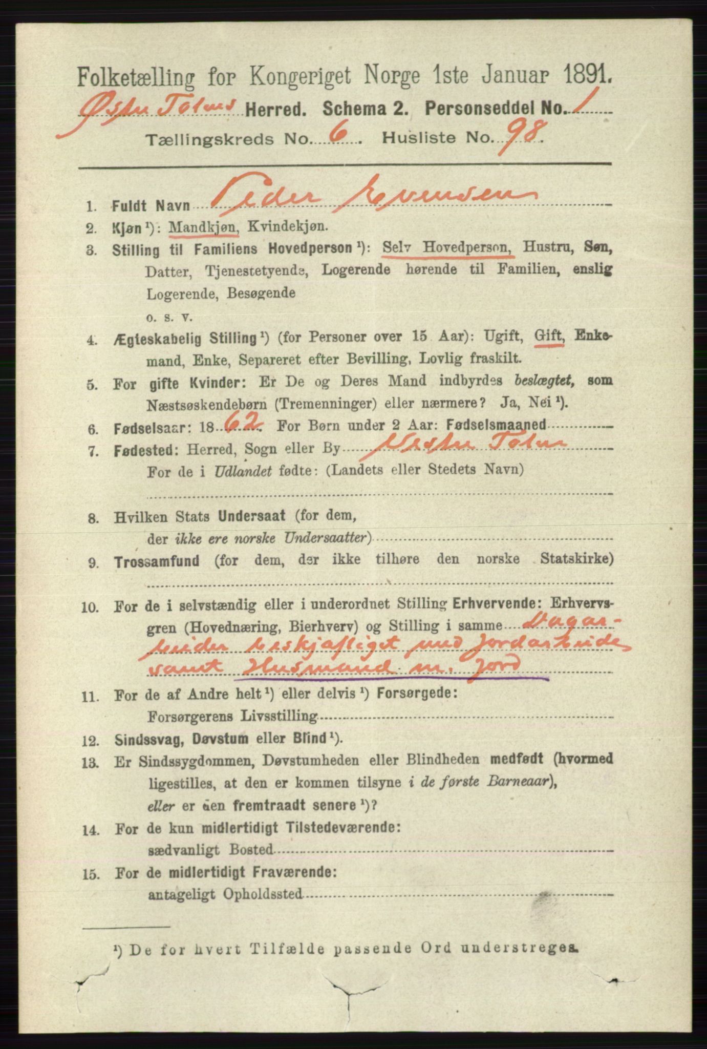 RA, 1891 census for 0528 Østre Toten, 1891, p. 4344