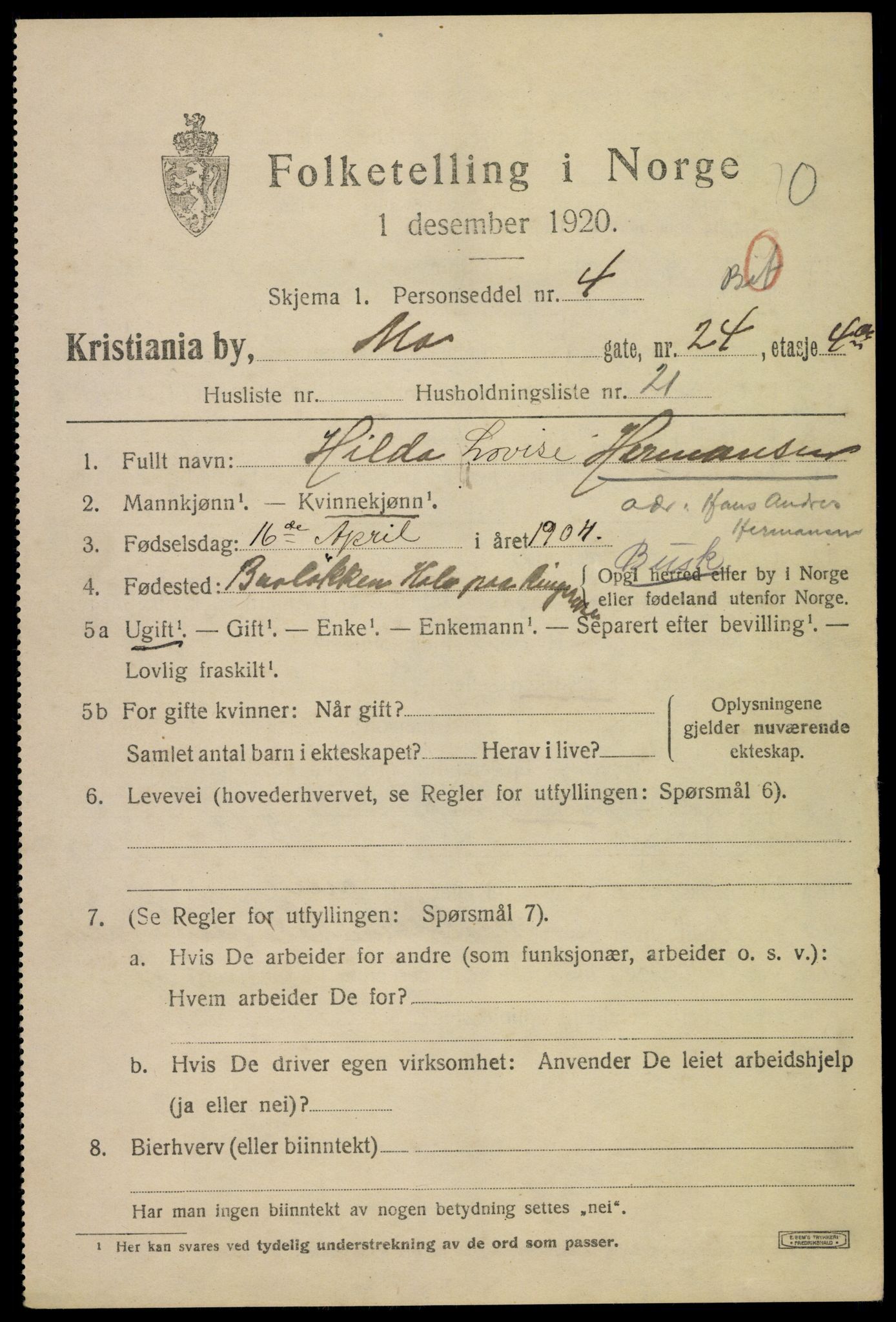 SAO, 1920 census for Kristiania, 1920, p. 396273