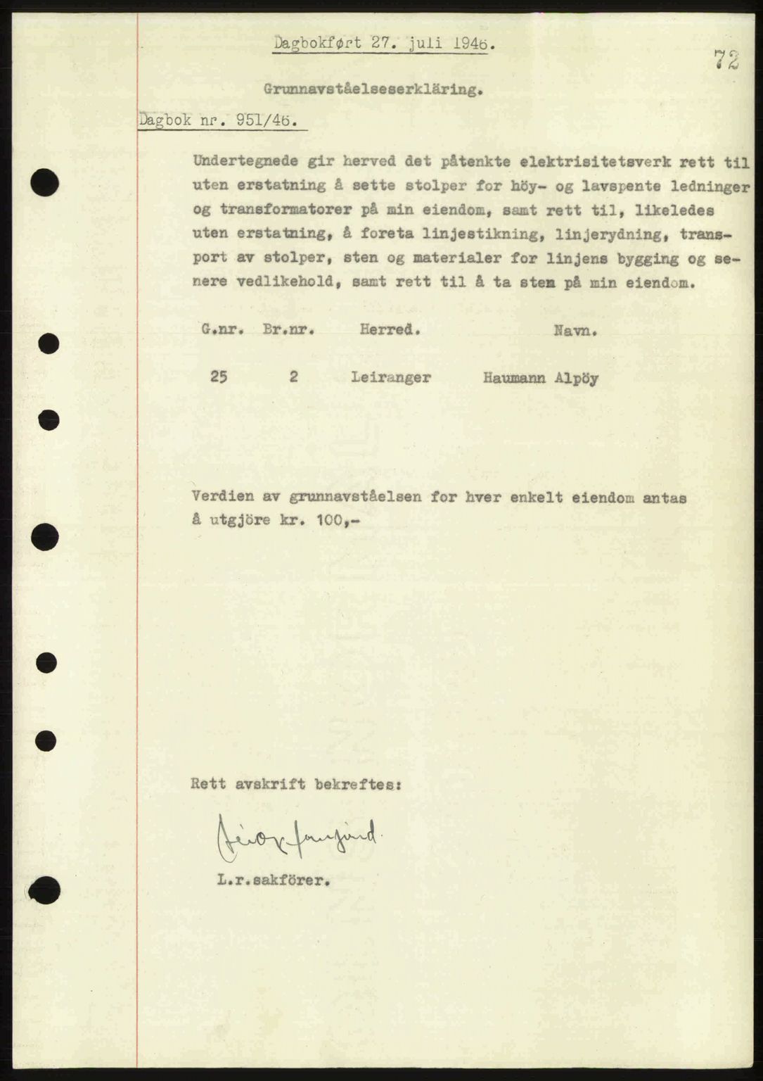 Steigen og Ofoten sorenskriveri, AV/SAT-A-0030/1/2/2C: Mortgage book no. A2, 1942-1948, Diary no: : 951/1946