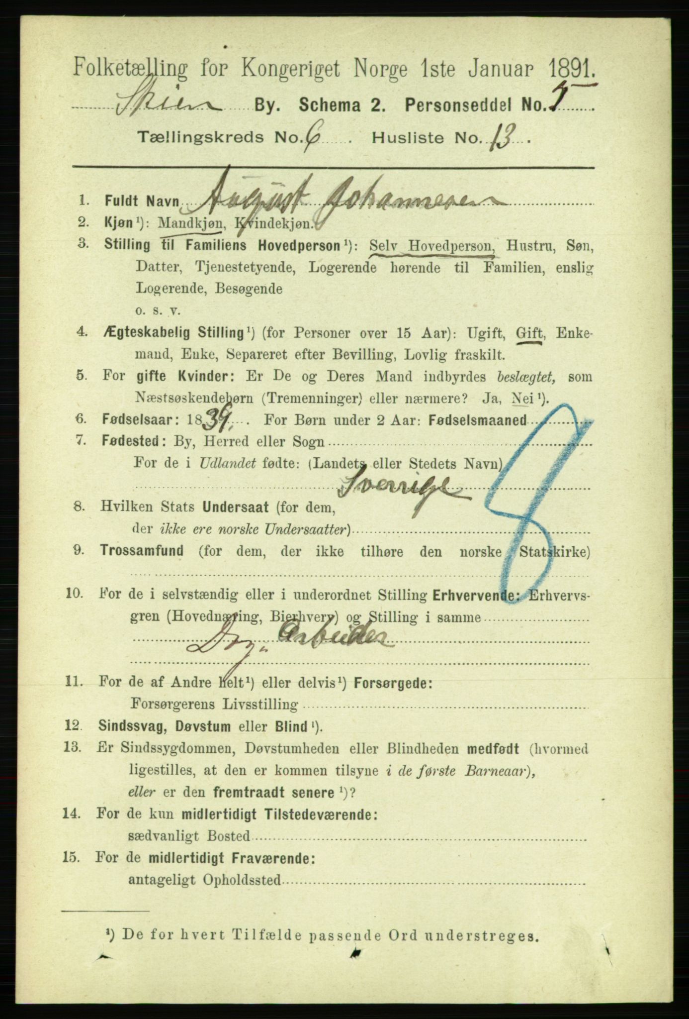 RA, 1891 census for 0806 Skien, 1891, p. 3127