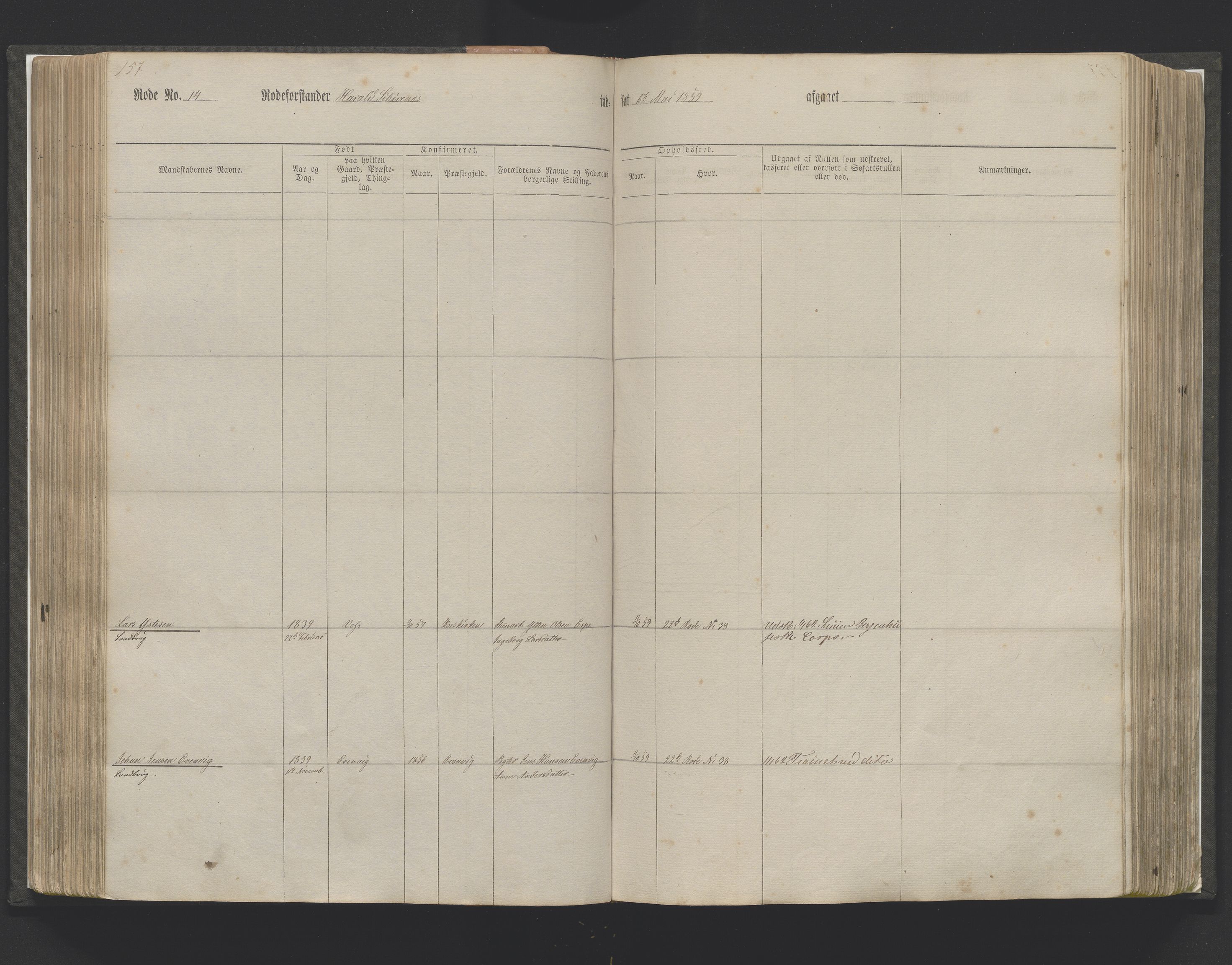 Bergens Krigskommisariat, AV/SAB-A-5103/H/Hj/Hjc/Hjca/L0003: Mannskapsrulle rode nr 12-16 (eldre ref: 274), 1859-1877, p. 157