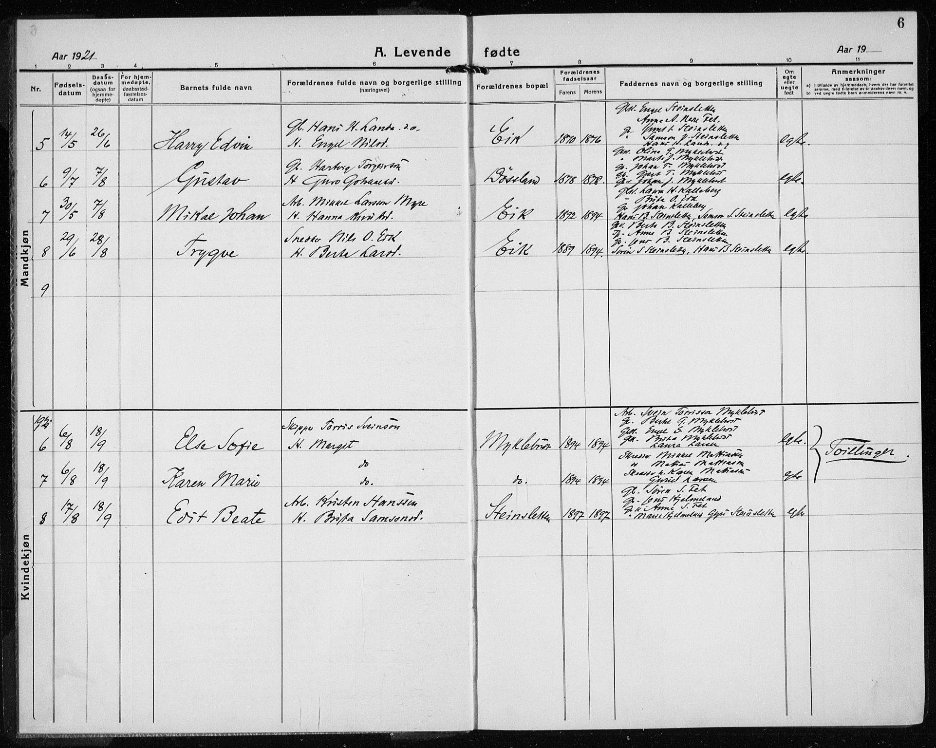 Kvinnherad sokneprestembete, SAB/A-76401/H/Haa: Parish register (official) no. G  1, 1920-1927, p. 6