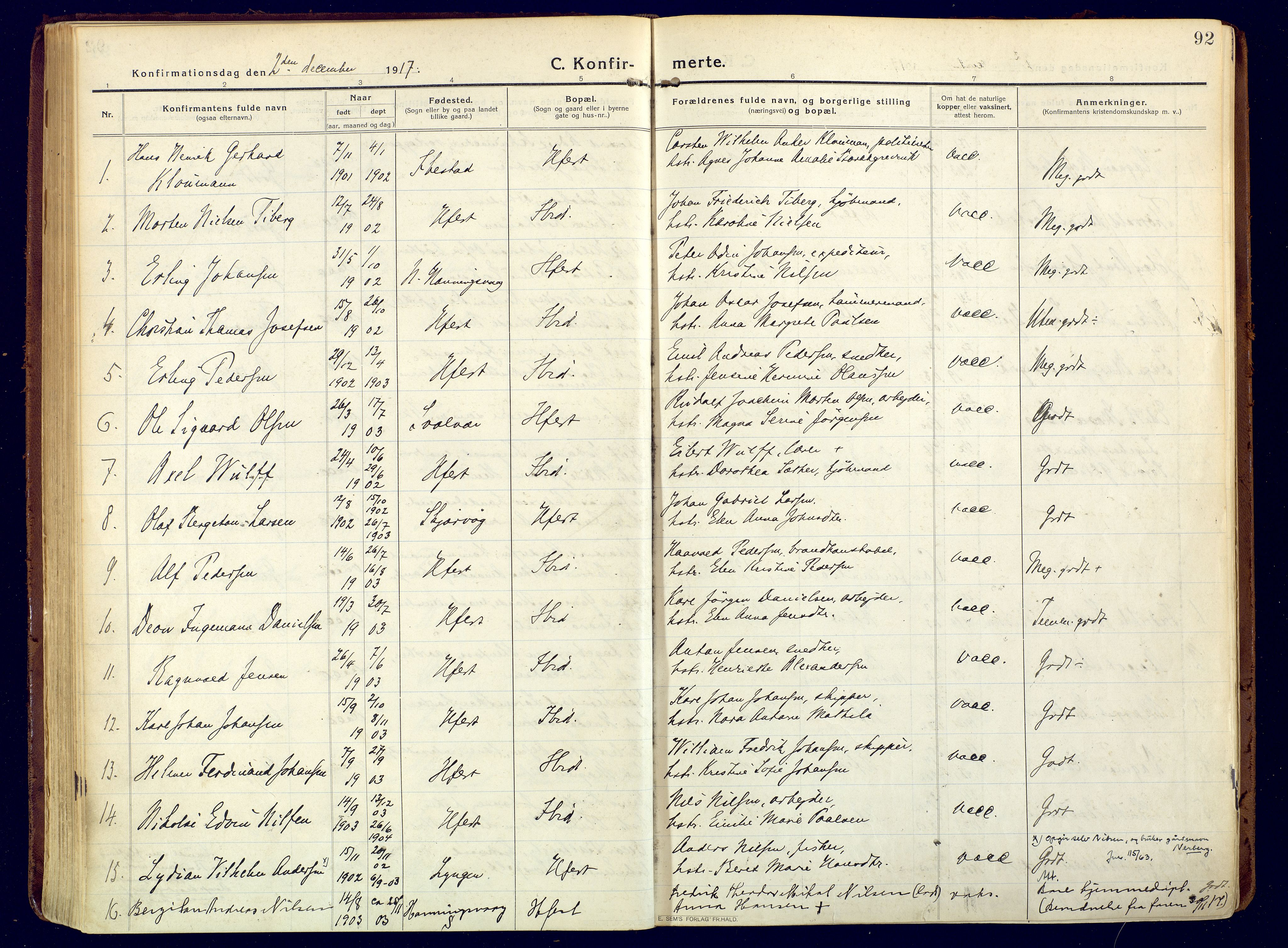 Hammerfest sokneprestkontor, AV/SATØ-S-1347/H/Ha/L0015.kirke: Parish register (official) no. 15, 1916-1923, p. 92