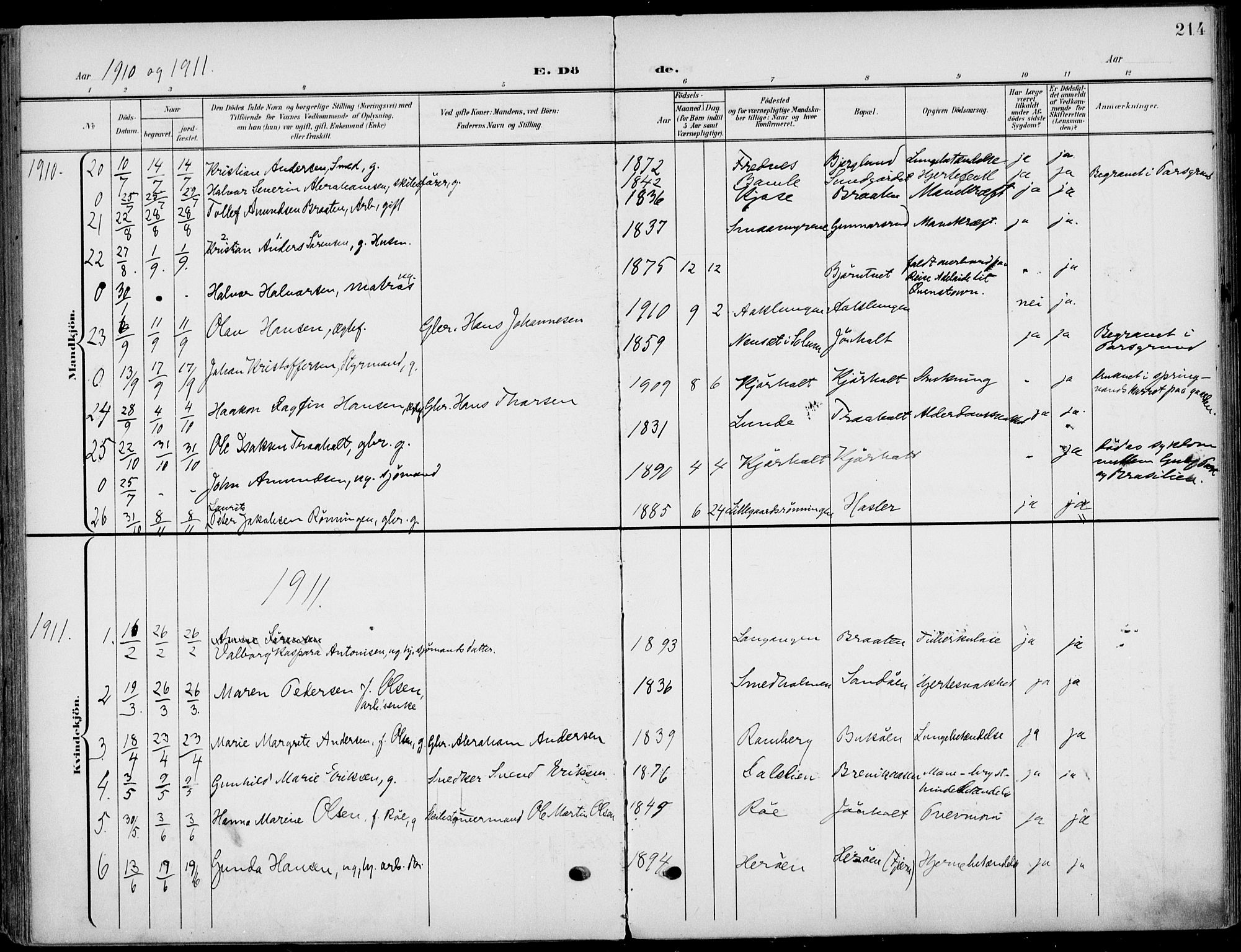 Eidanger kirkebøker, SAKO/A-261/F/Fa/L0013: Parish register (official) no. 13, 1900-1913, p. 214